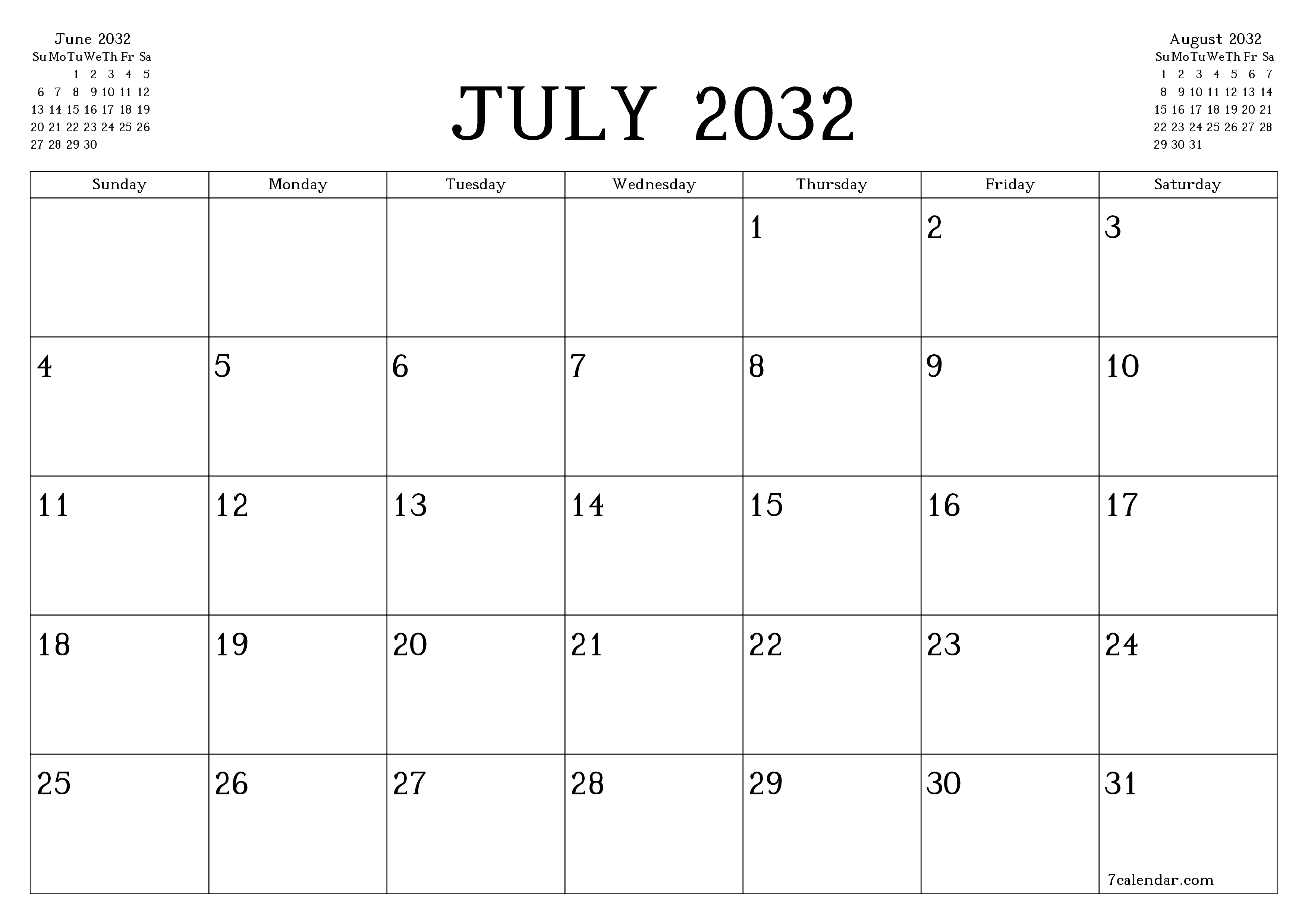 Blank calendar July 2032