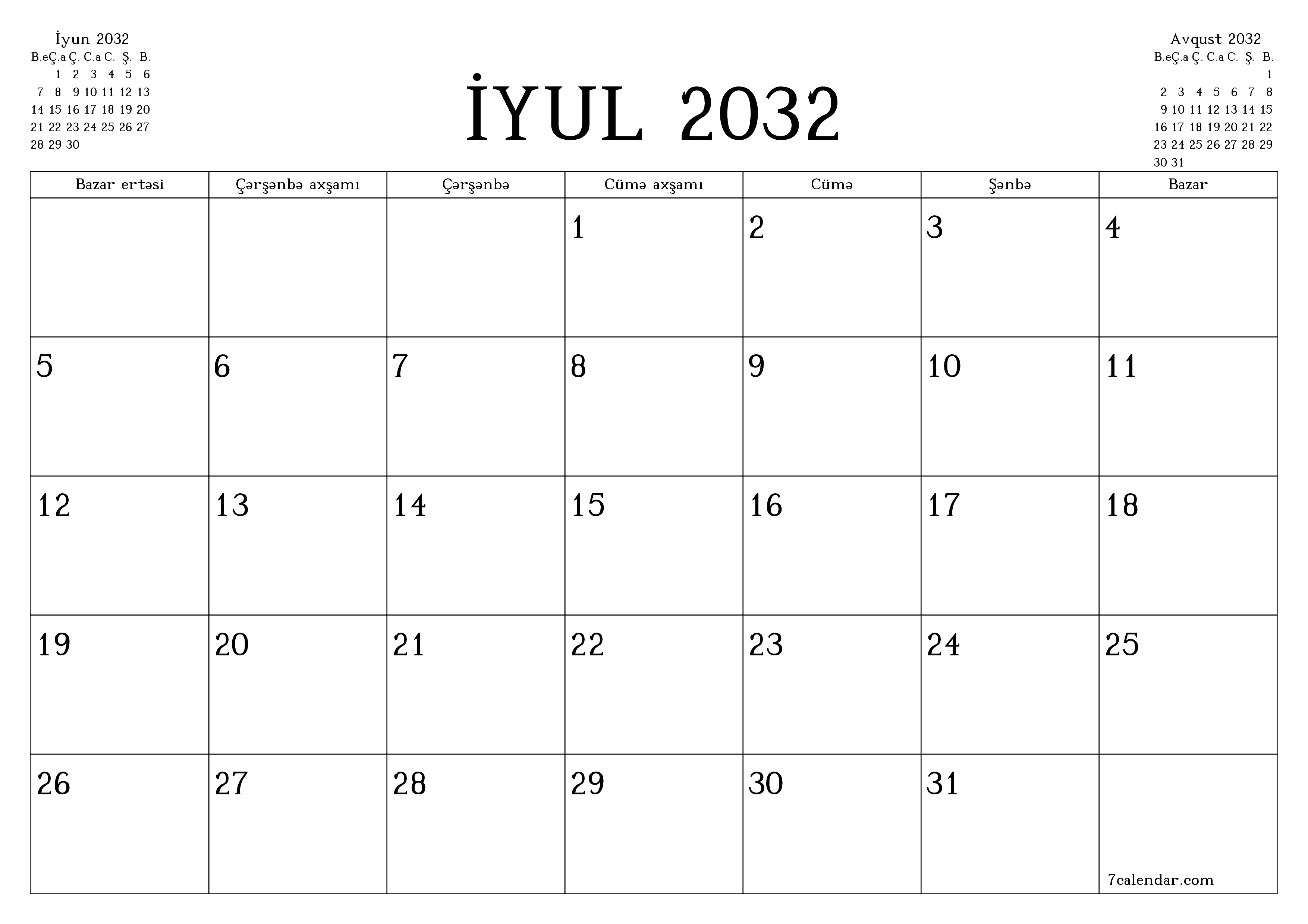 İyul 2032 ayı üçün qeydlər ilə boş aylıq planlayıcı, qeyd edin və PDF-ə yazdırın PNG Azerbaijani