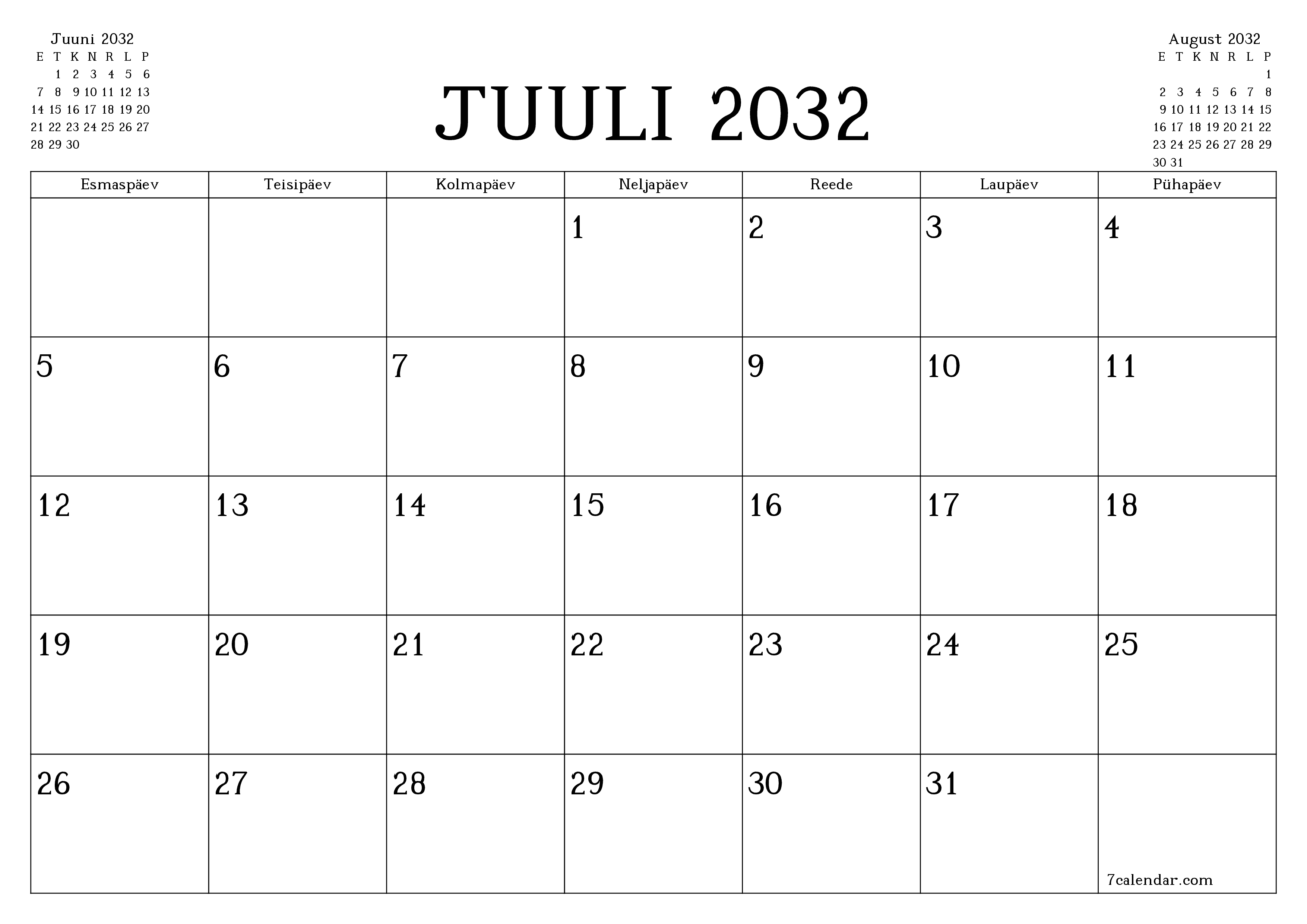Tühjendage kuu Juuli 2032 kuuplaneerija märkmetega, salvestage ja printige PDF-i PNG Estonian