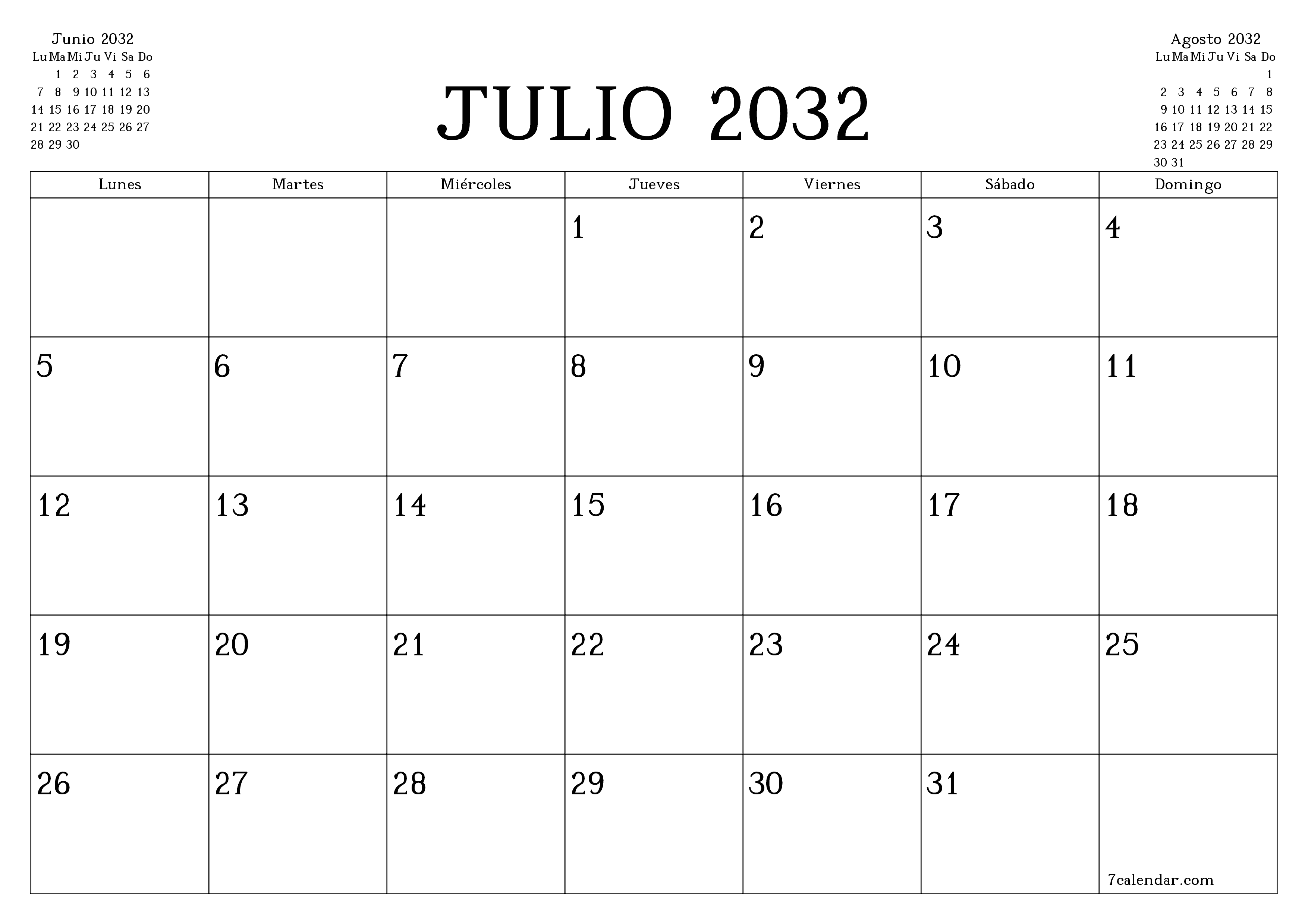 Planificador mensual vacío para el mes Julio 2032 con notas, guardar e imprimir en PDF PNG Spanish