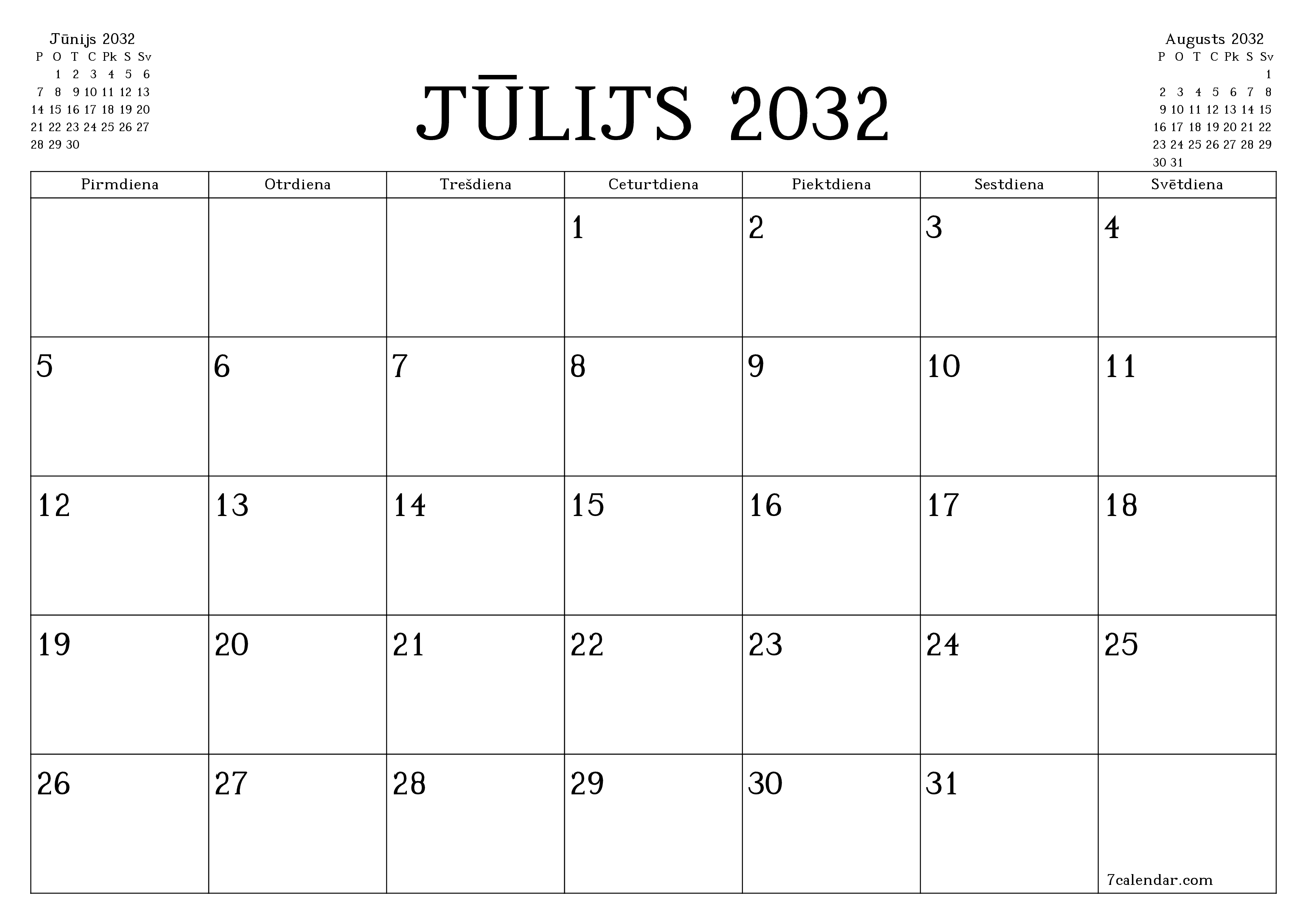 Iztukšot mēneša plānotāju mēnesim Jūlijs 2032 ar piezīmēm, saglabāt un izdrukāt PDF formātā PNG Latvian