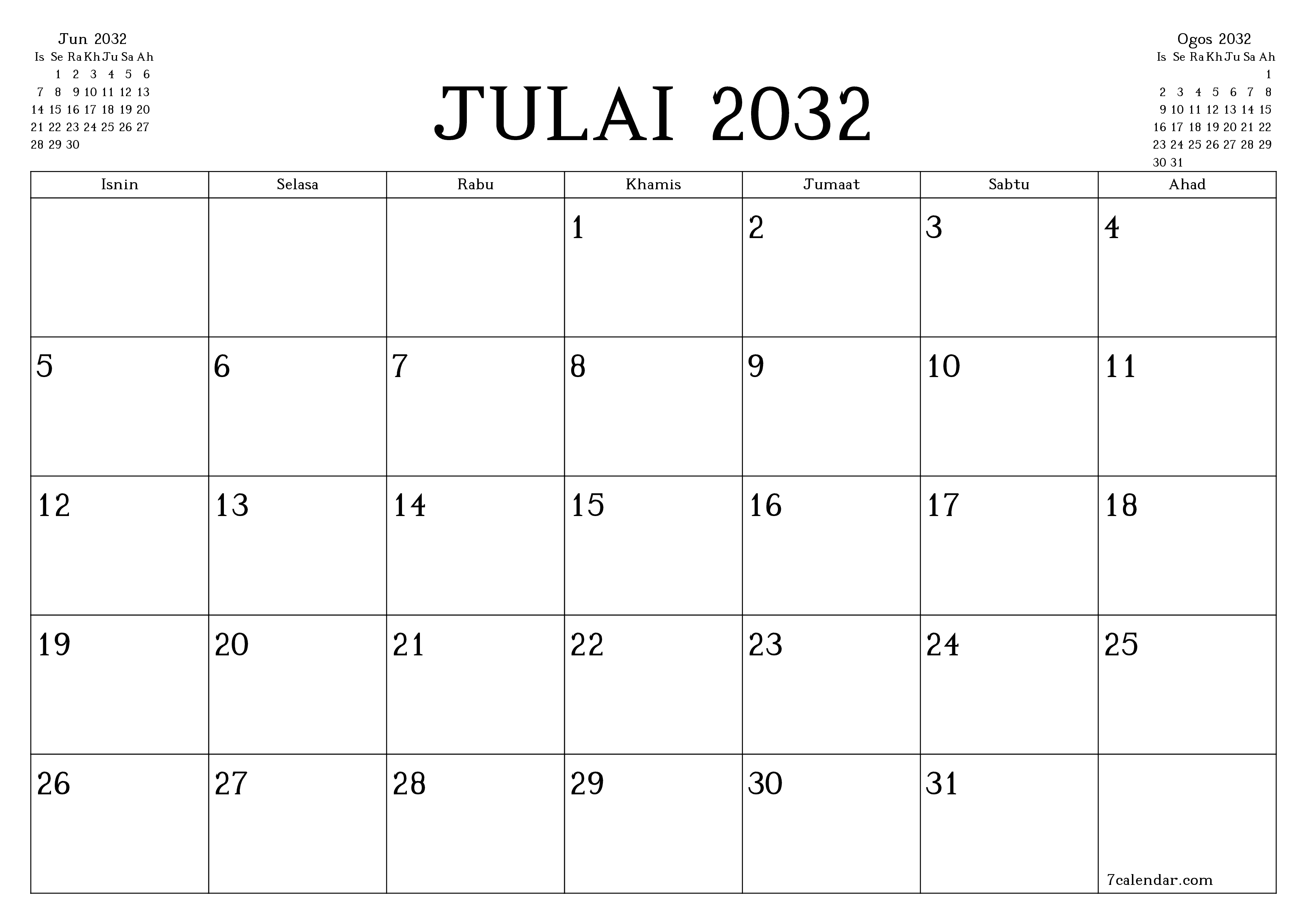 Perancang bulanan kosong untuk bulan Julai 2032 dengan nota, simpan dan cetak ke PDF PNG Malay