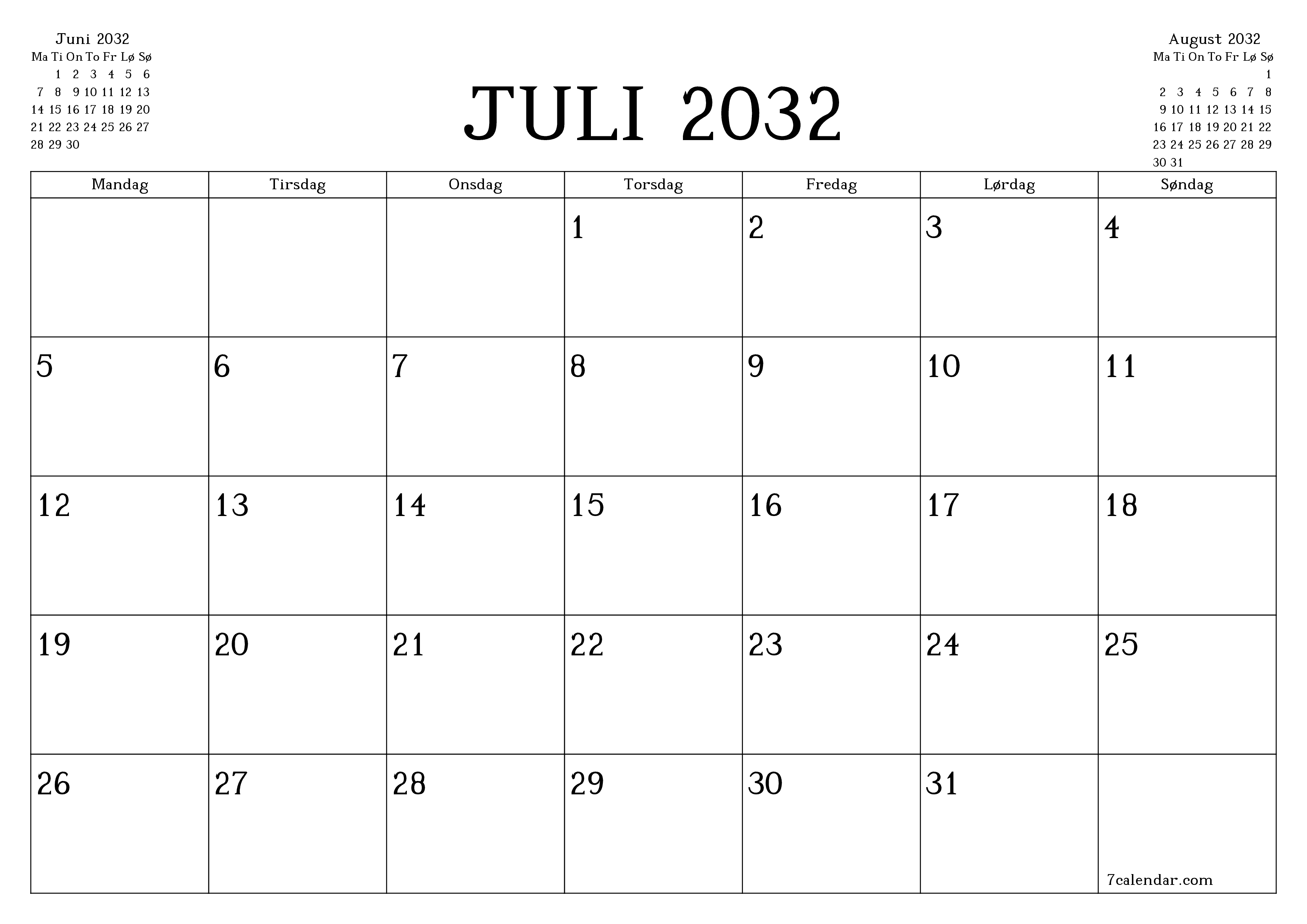Tom månedlig planlegger for måned Juli 2032 med notater, lagre og skriv ut til PDF PNG Norwegian