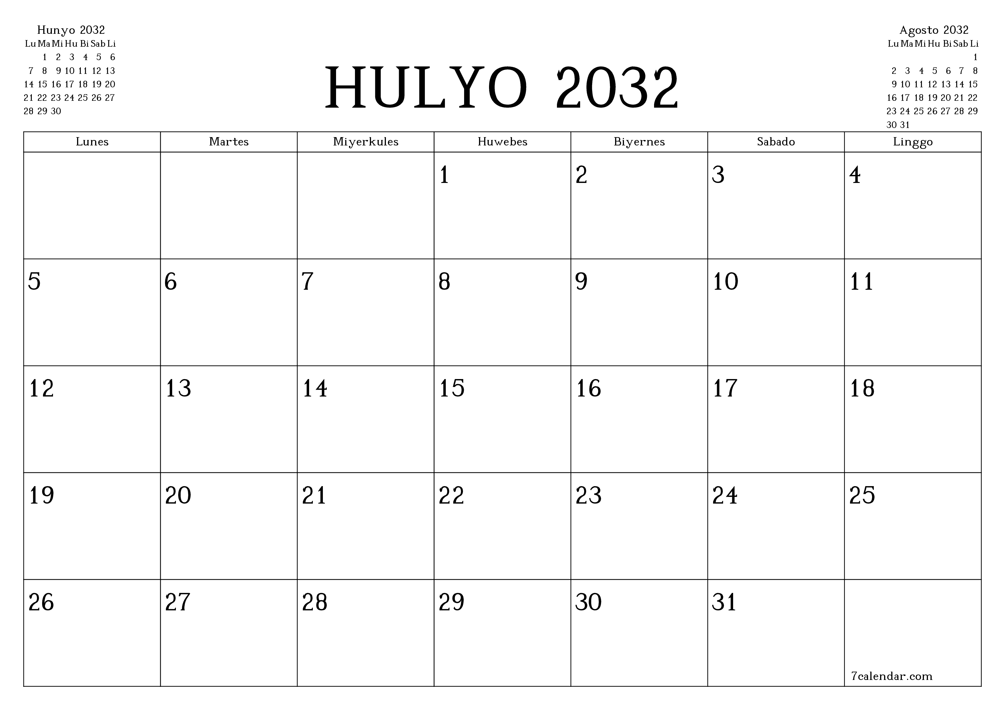 Walang laman na buwanang tagaplano para sa buwan na Hulyo 2032 na may mga tala, i-save at i-print sa PDF PNG Filipino