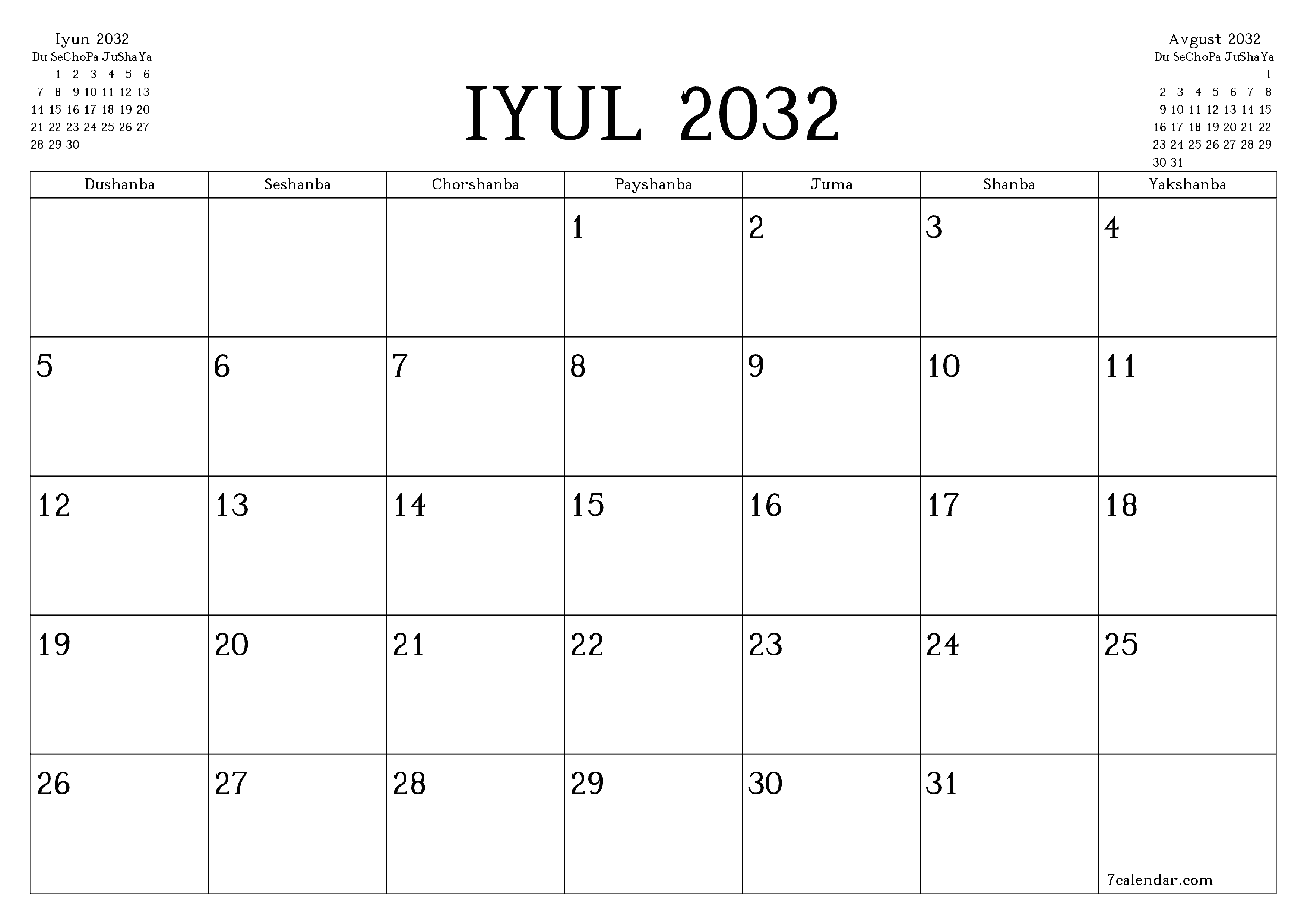 Iyul 2032 oylik oylik rejalashtiruvchini yozuvlar bilan bo'shatish, saqlash va PDF-ga chop etish PNG Uzbek