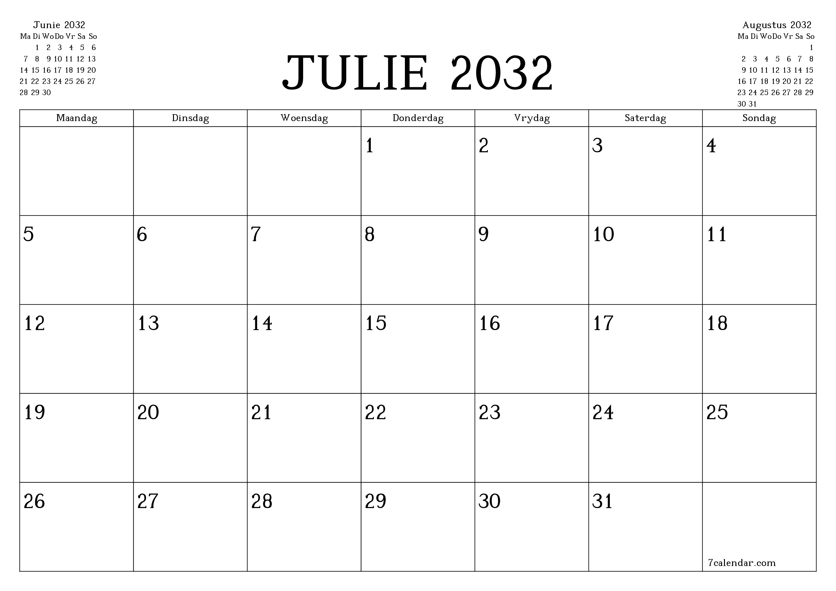 Leë maandelikse drukbare kalender en beplanner vir maand Julie 2032 met notas stoor en druk na PDF PNG Afrikaans