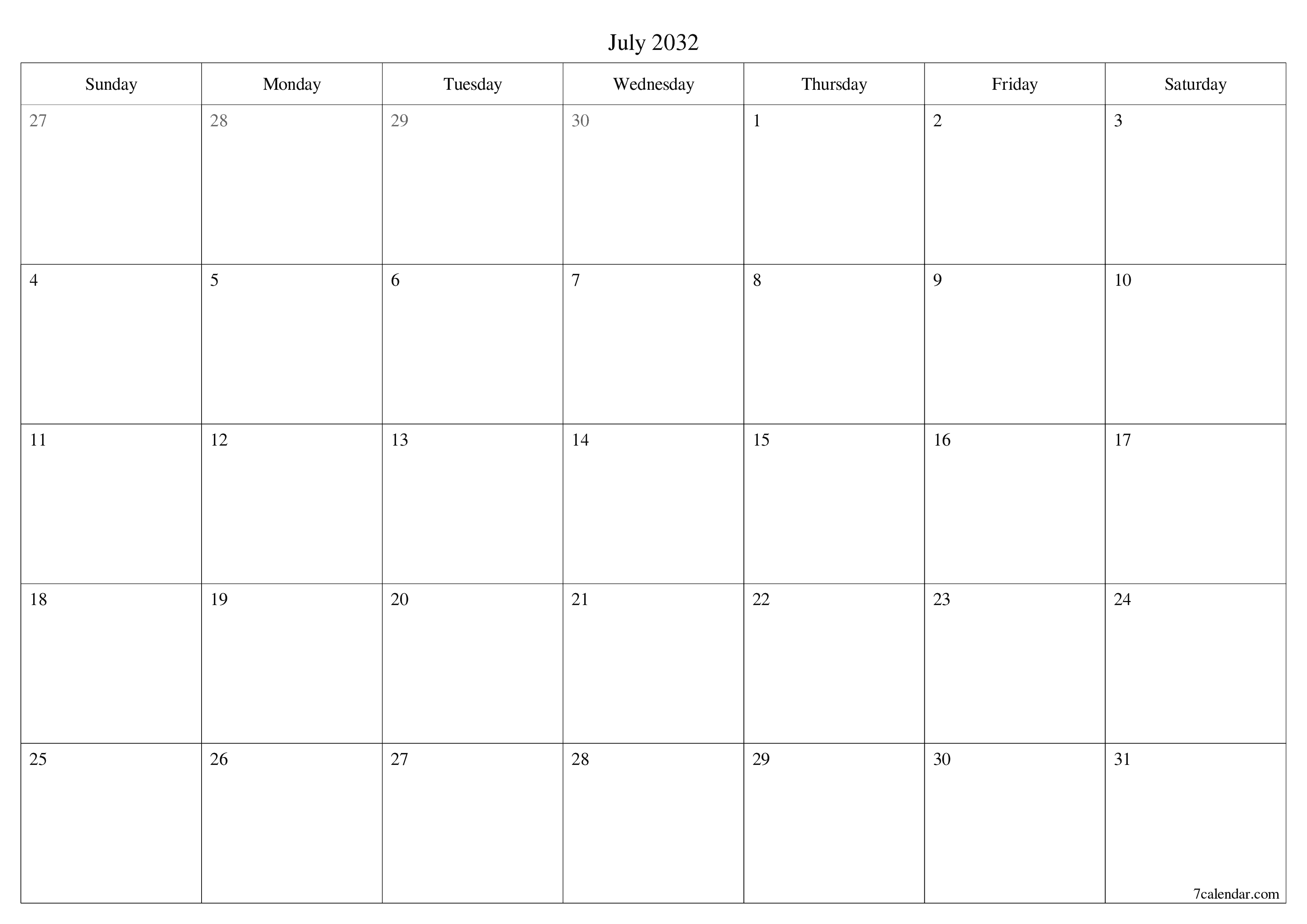 Blank calendar July 2032