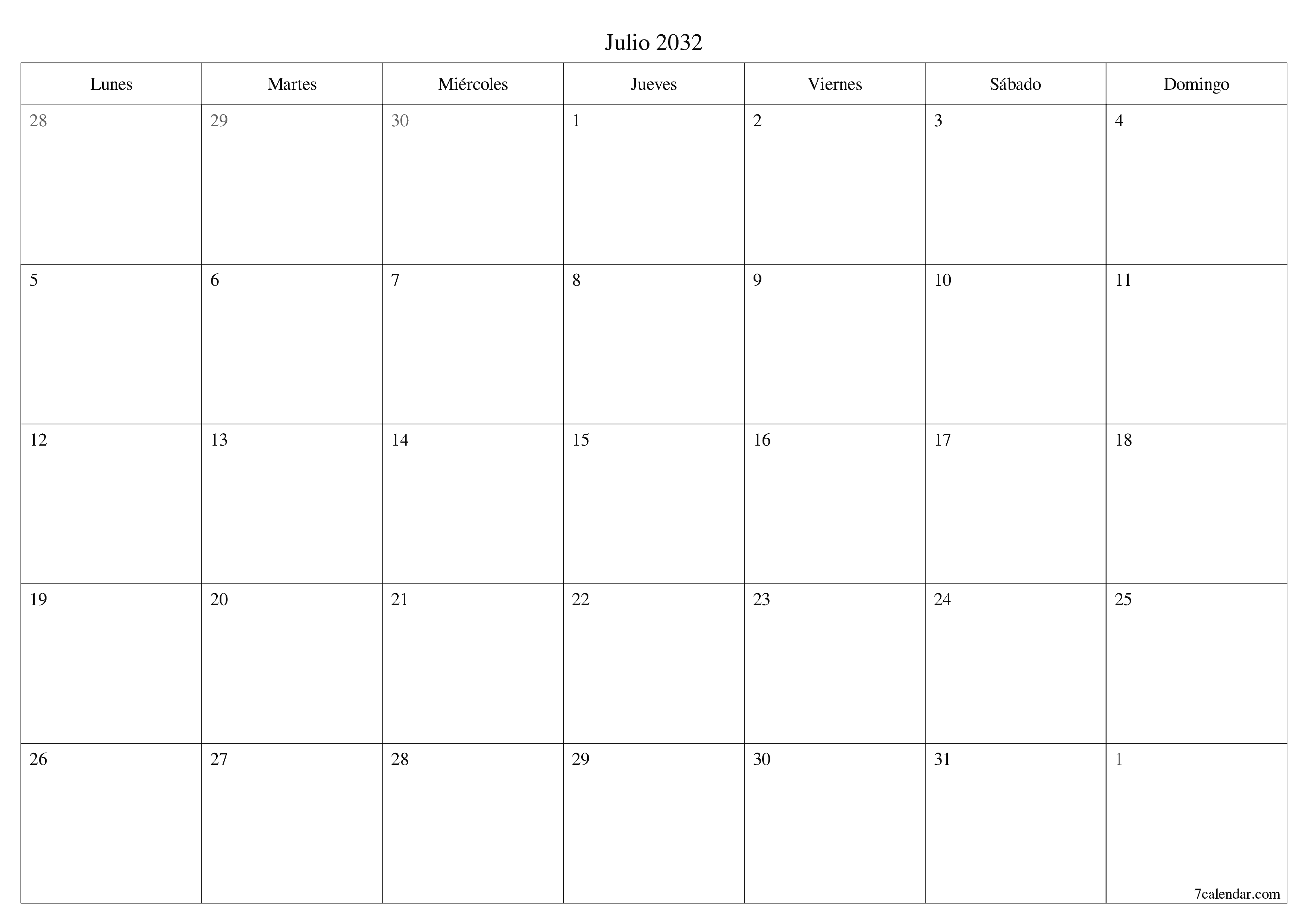 Planificador mensual vacío para el mes Julio 2032 con notas, guardar e imprimir en PDF PNG Spanish