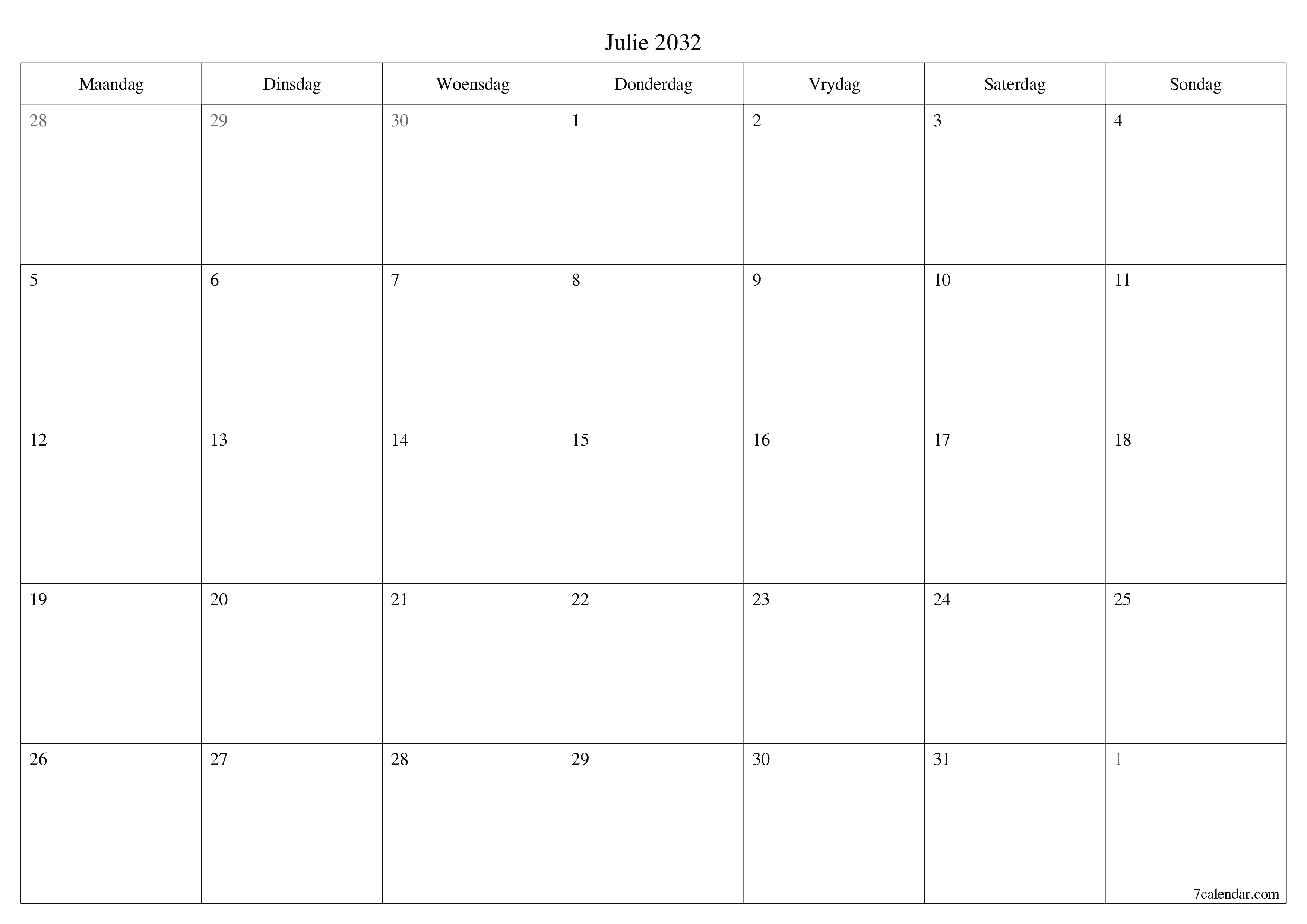 Leë maandelikse drukbare kalender en beplanner vir maand Julie 2032 met notas stoor en druk na PDF PNG Afrikaans