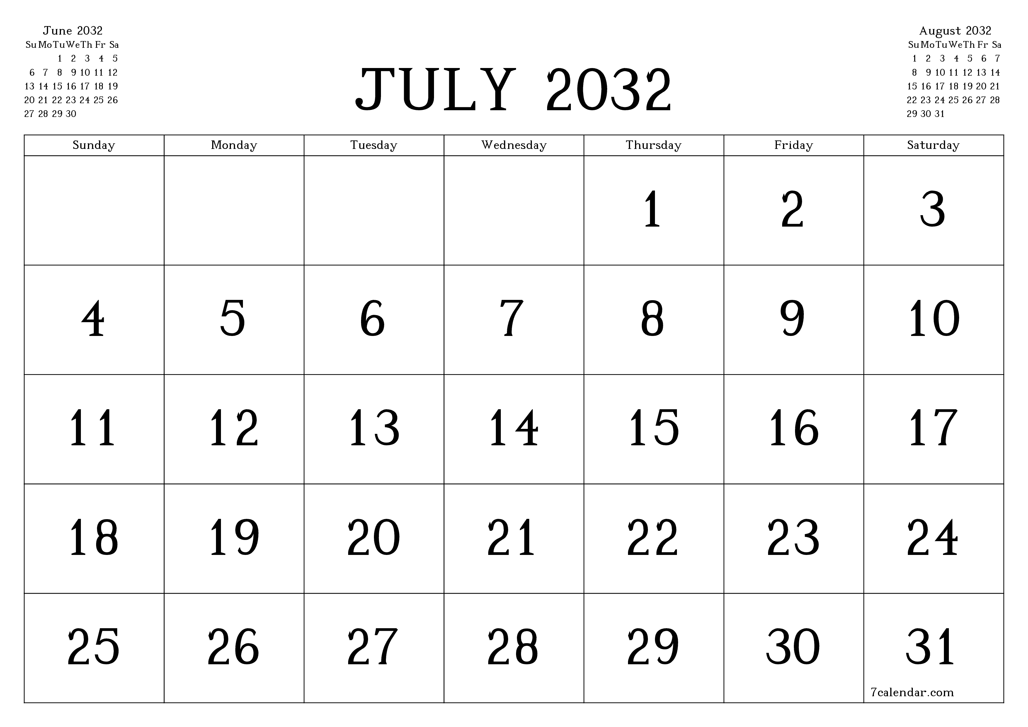 Blank calendar July 2032