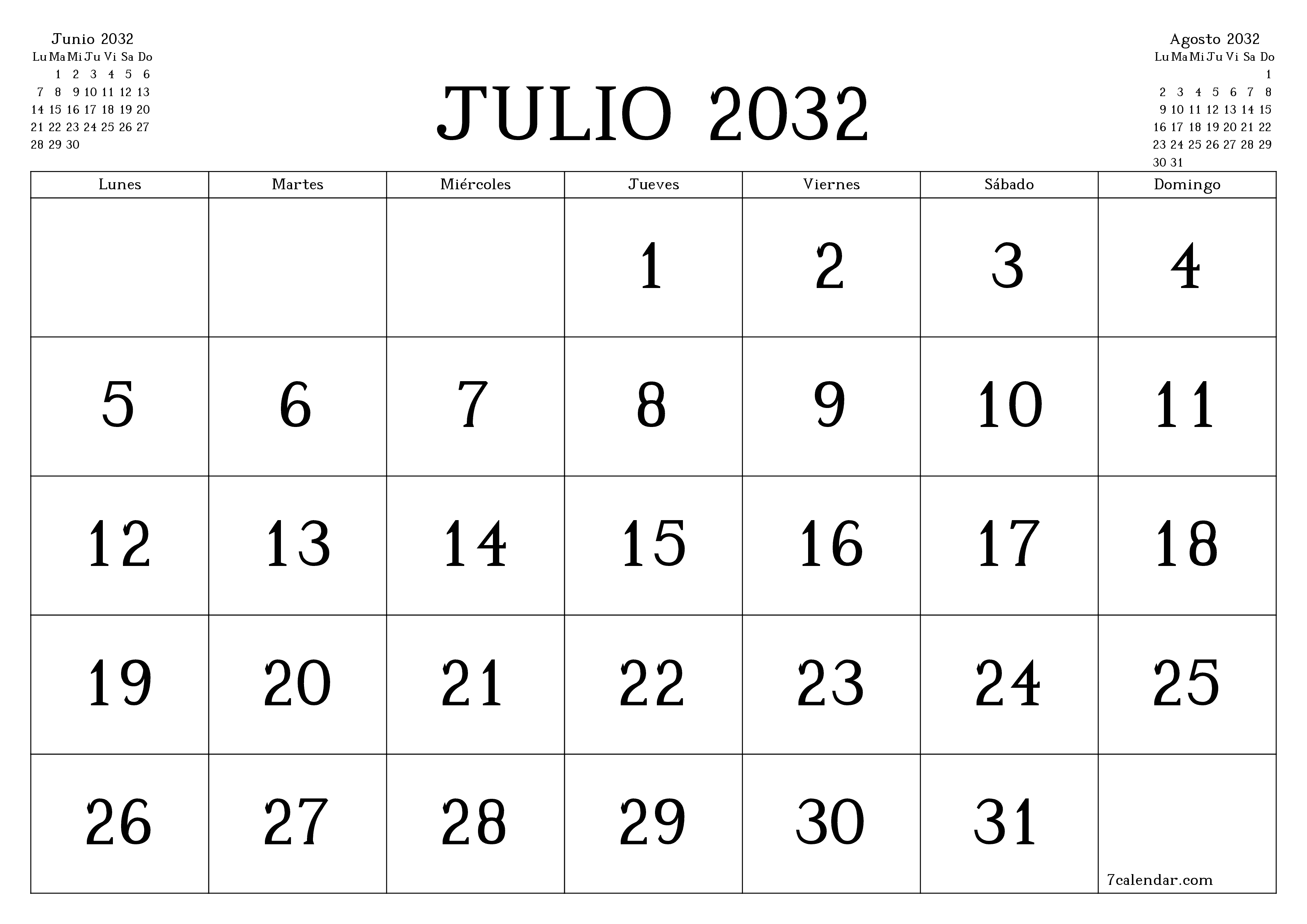 Planificador mensual vacío para el mes Julio 2032 con notas, guardar e imprimir en PDF PNG Spanish