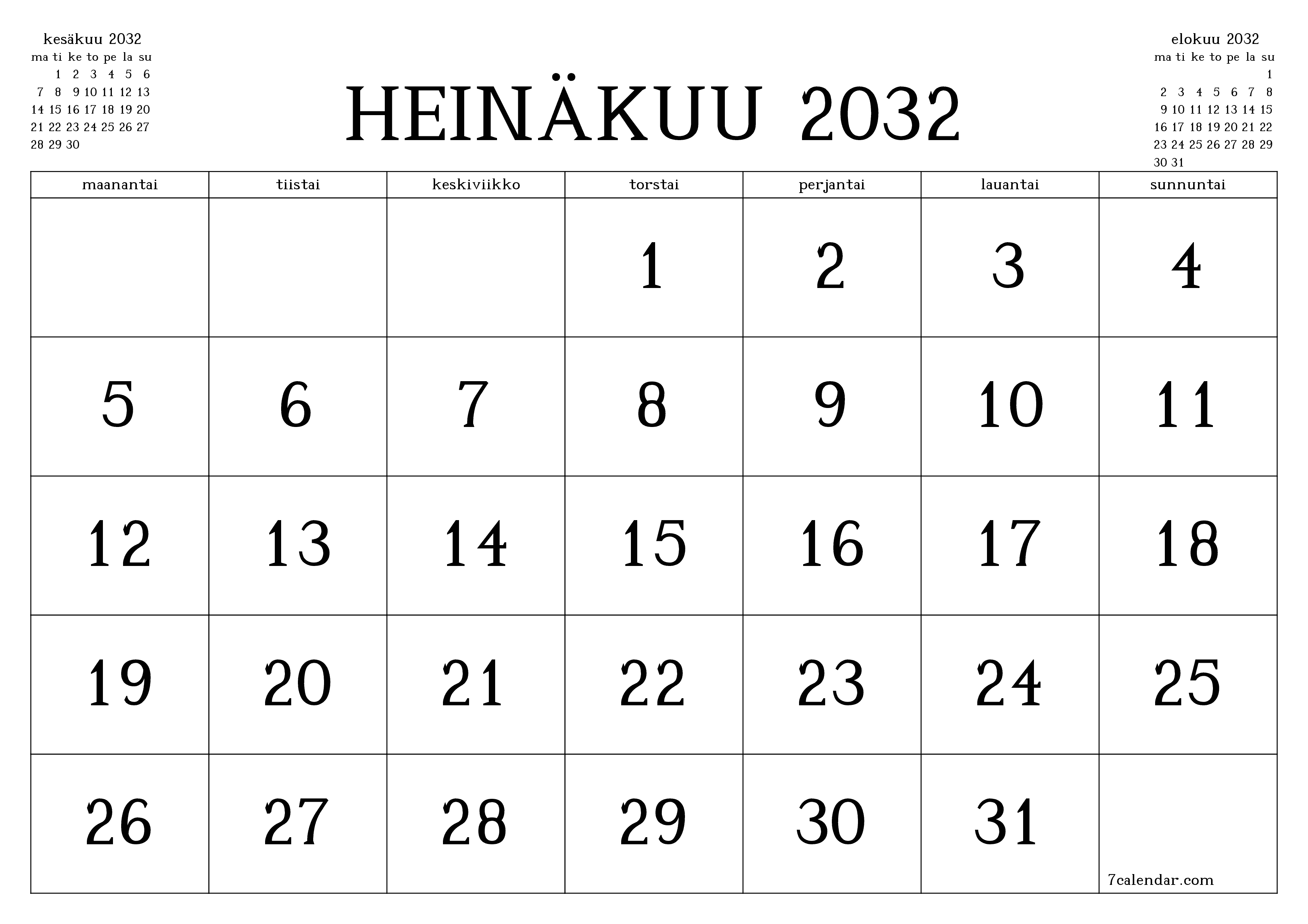 Tyhjennä kuukausittainen suunnittelija kuukaudelle Heinäkuu 2032 muistiinpanoilla, tallenna ja tulosta PDF-muotoon PNG Finnish