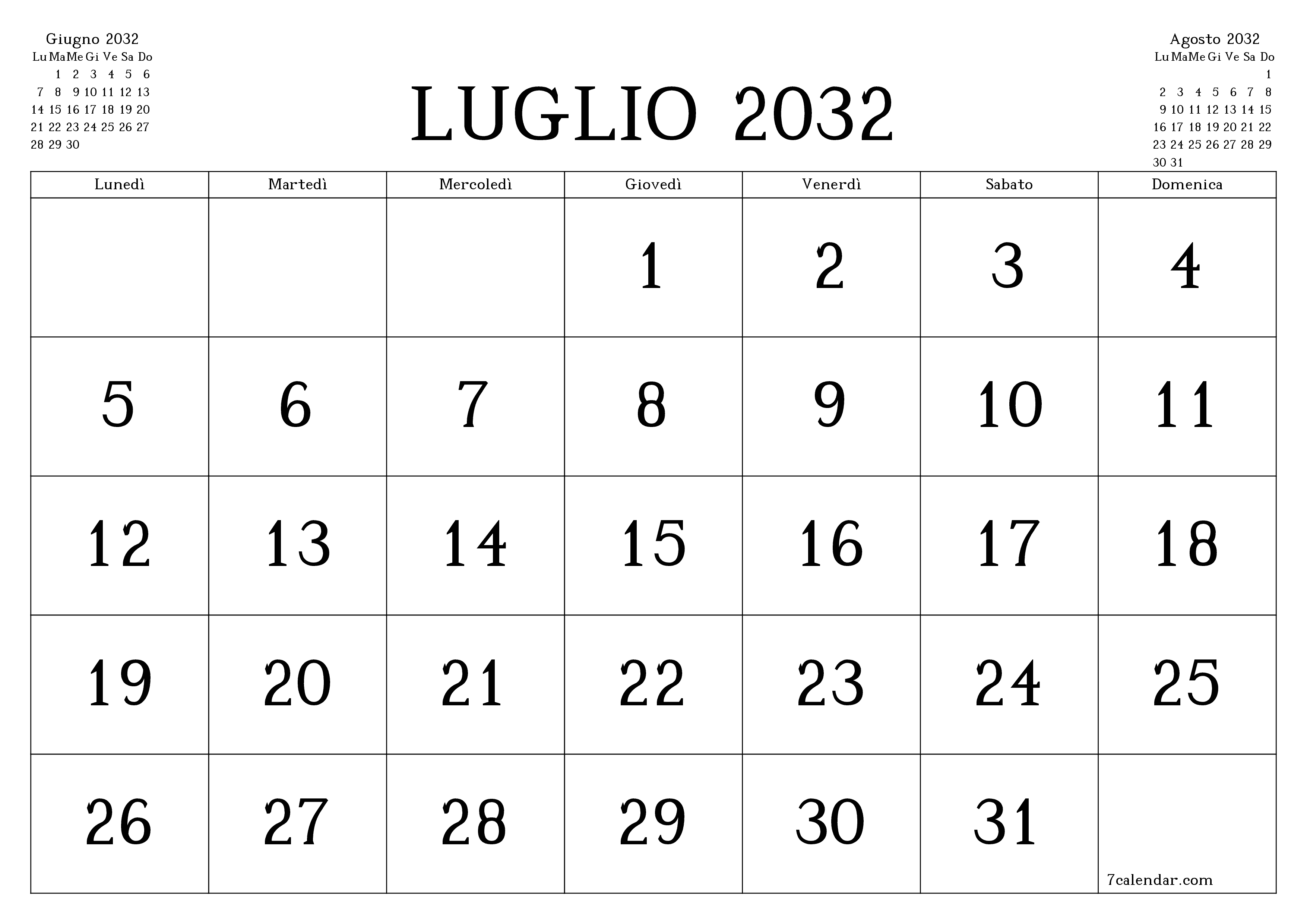 Pianificatore mensile vuoto per il mese Luglio 2032 con note, salva e stampa in PDF PNG Italian