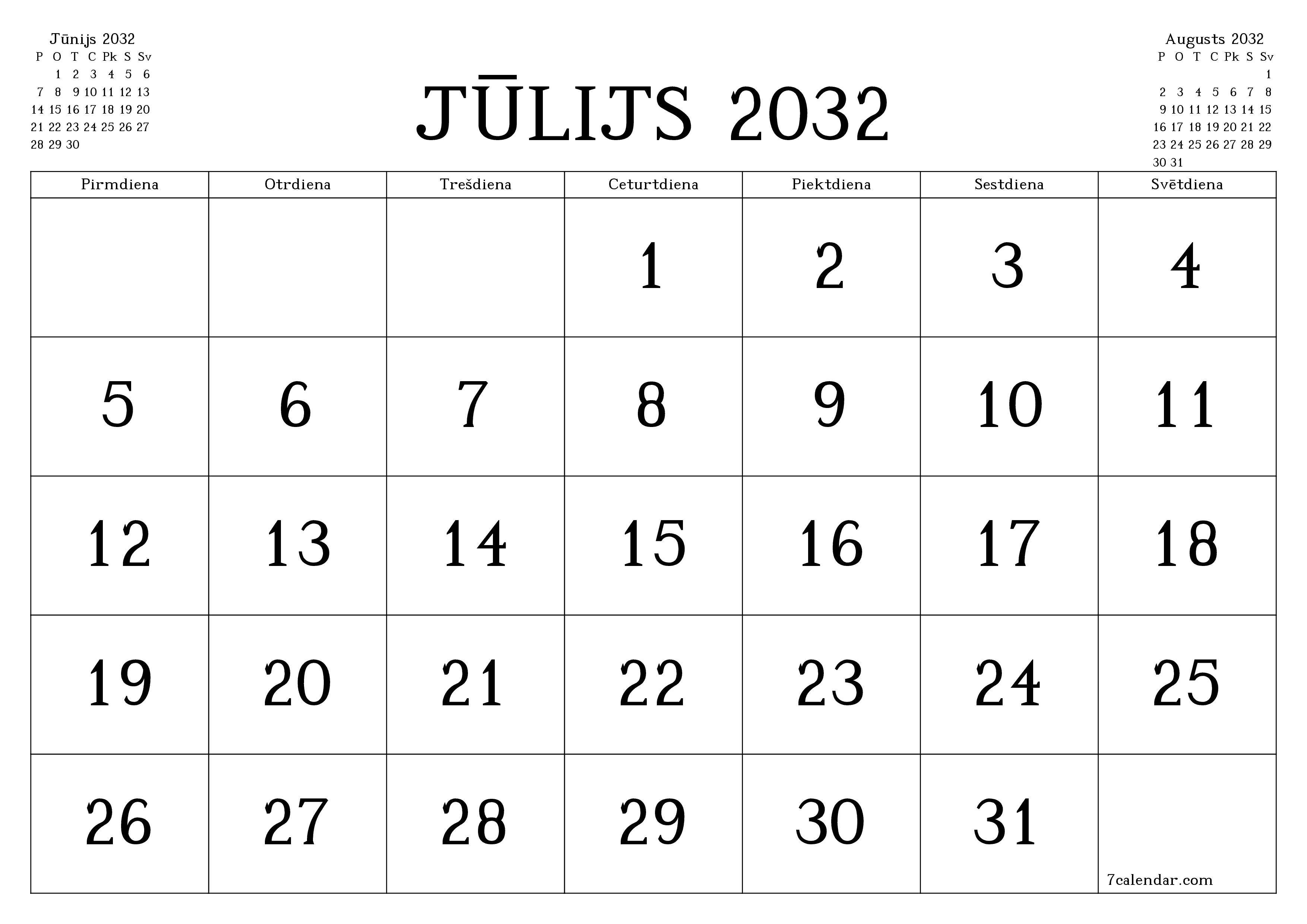 Iztukšot mēneša plānotāju mēnesim Jūlijs 2032 ar piezīmēm, saglabāt un izdrukāt PDF formātā PNG Latvian