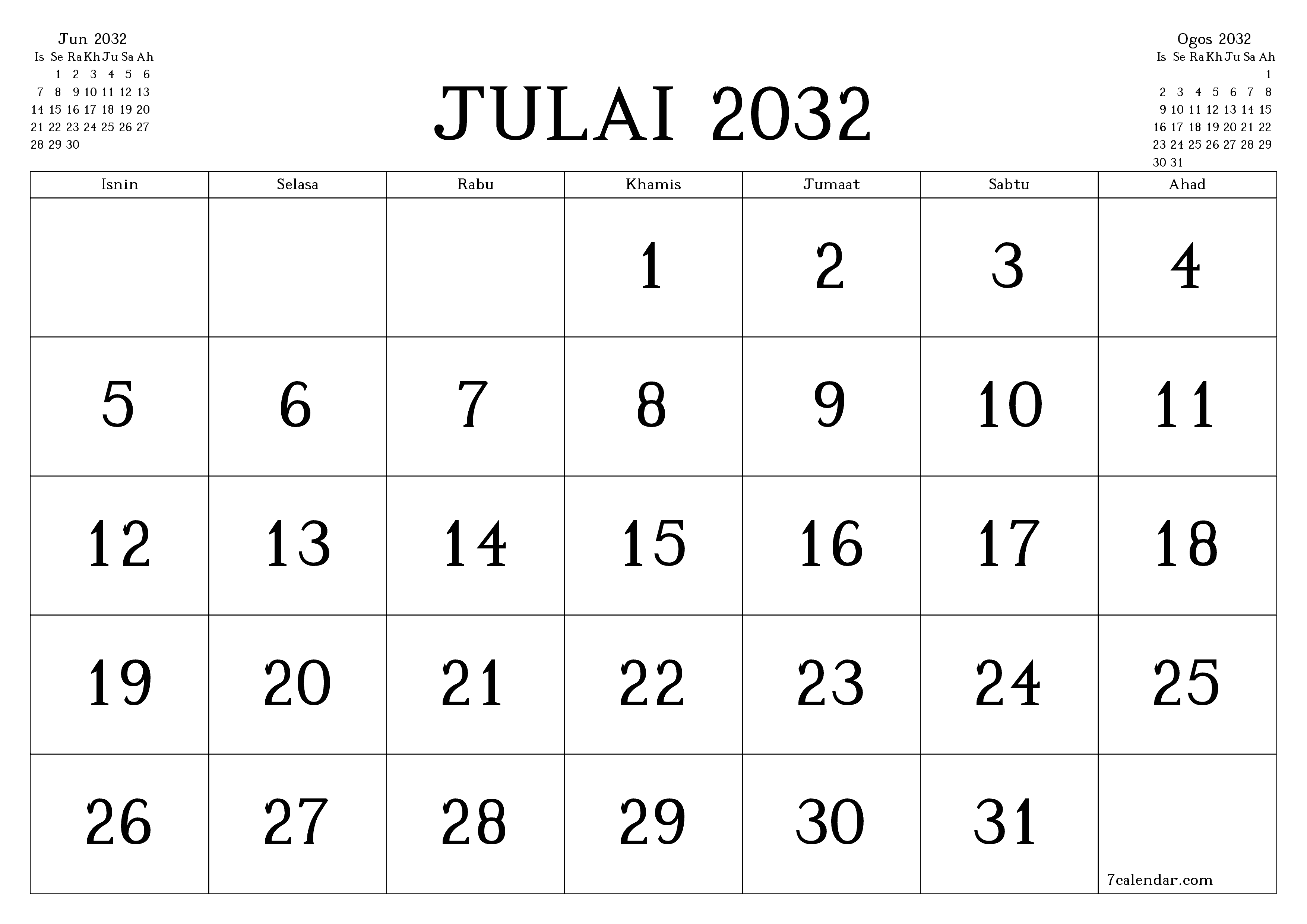 Perancang bulanan kosong untuk bulan Julai 2032 dengan nota, simpan dan cetak ke PDF PNG Malay