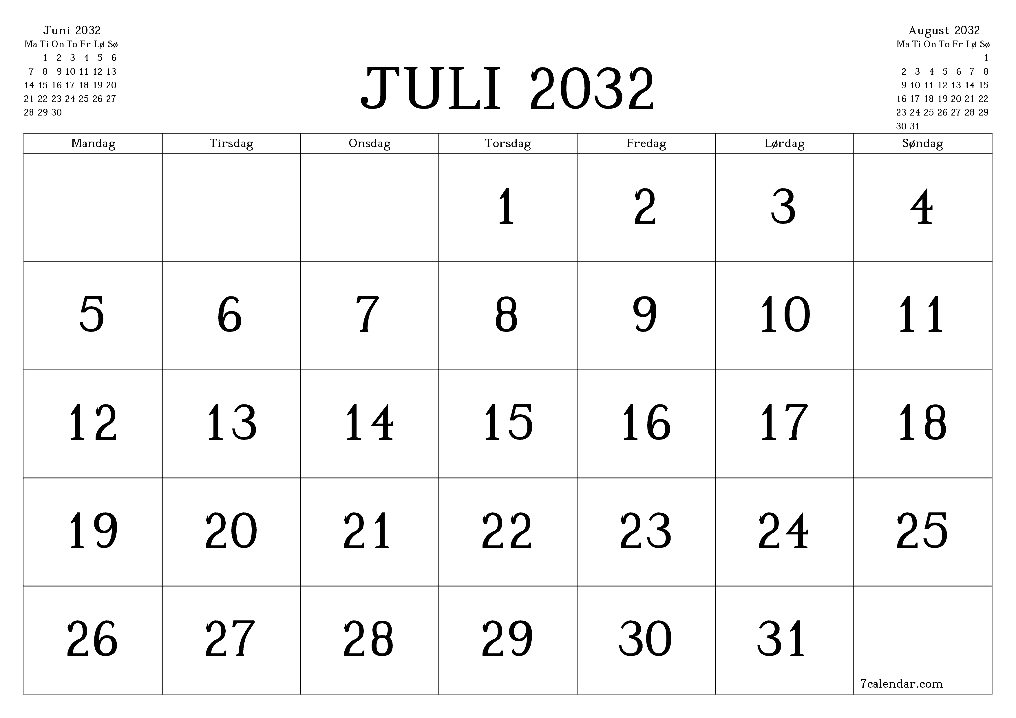 Tom månedlig planlegger for måned Juli 2032 med notater, lagre og skriv ut til PDF PNG Norwegian