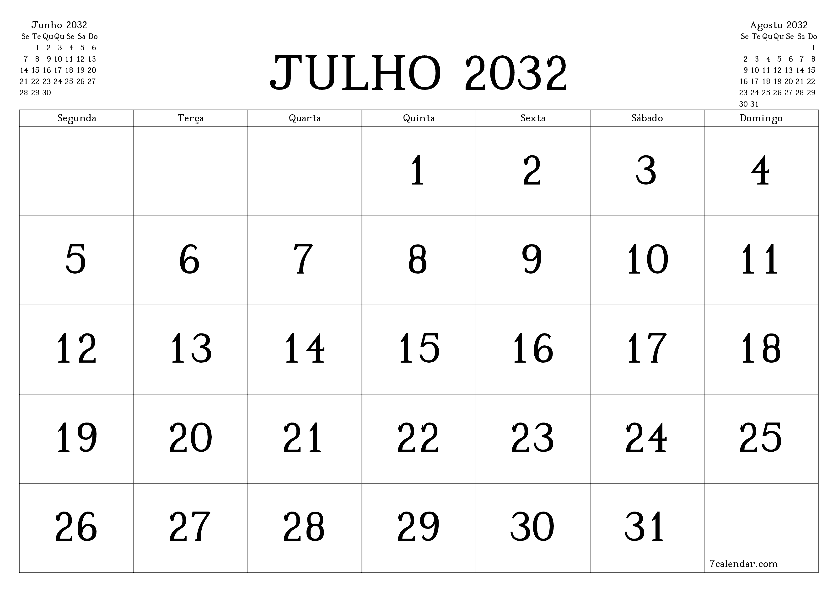 Esvazie o planejador mensal para o mês Julho 2032 com notas, salve e imprima em PDF PNG Portuguese