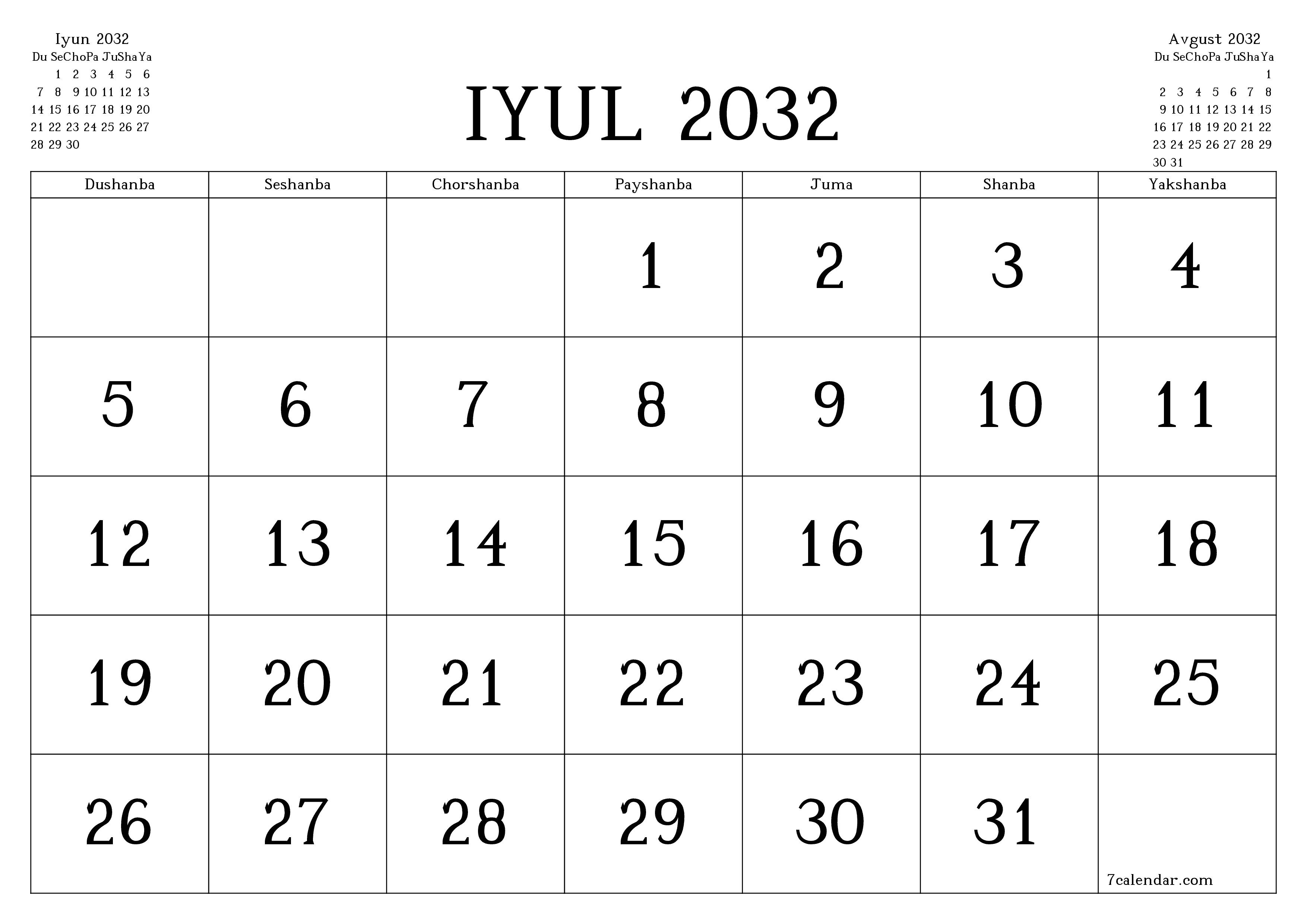 Iyul 2032 oylik oylik rejalashtiruvchini yozuvlar bilan bo'shatish, saqlash va PDF-ga chop etish PNG Uzbek