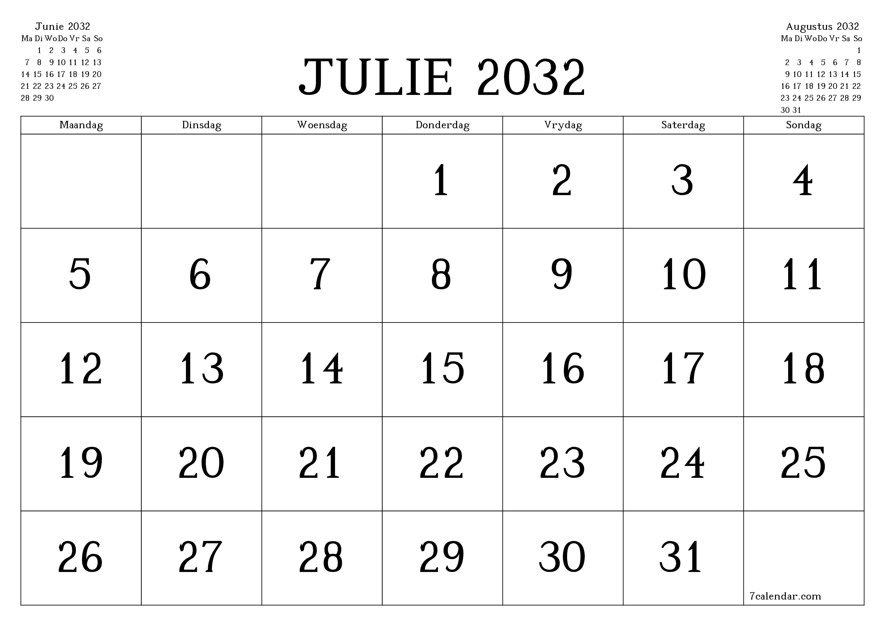 Leë maandelikse drukbare kalender en beplanner vir maand Julie 2032 met notas stoor en druk na PDF PNG Afrikaans