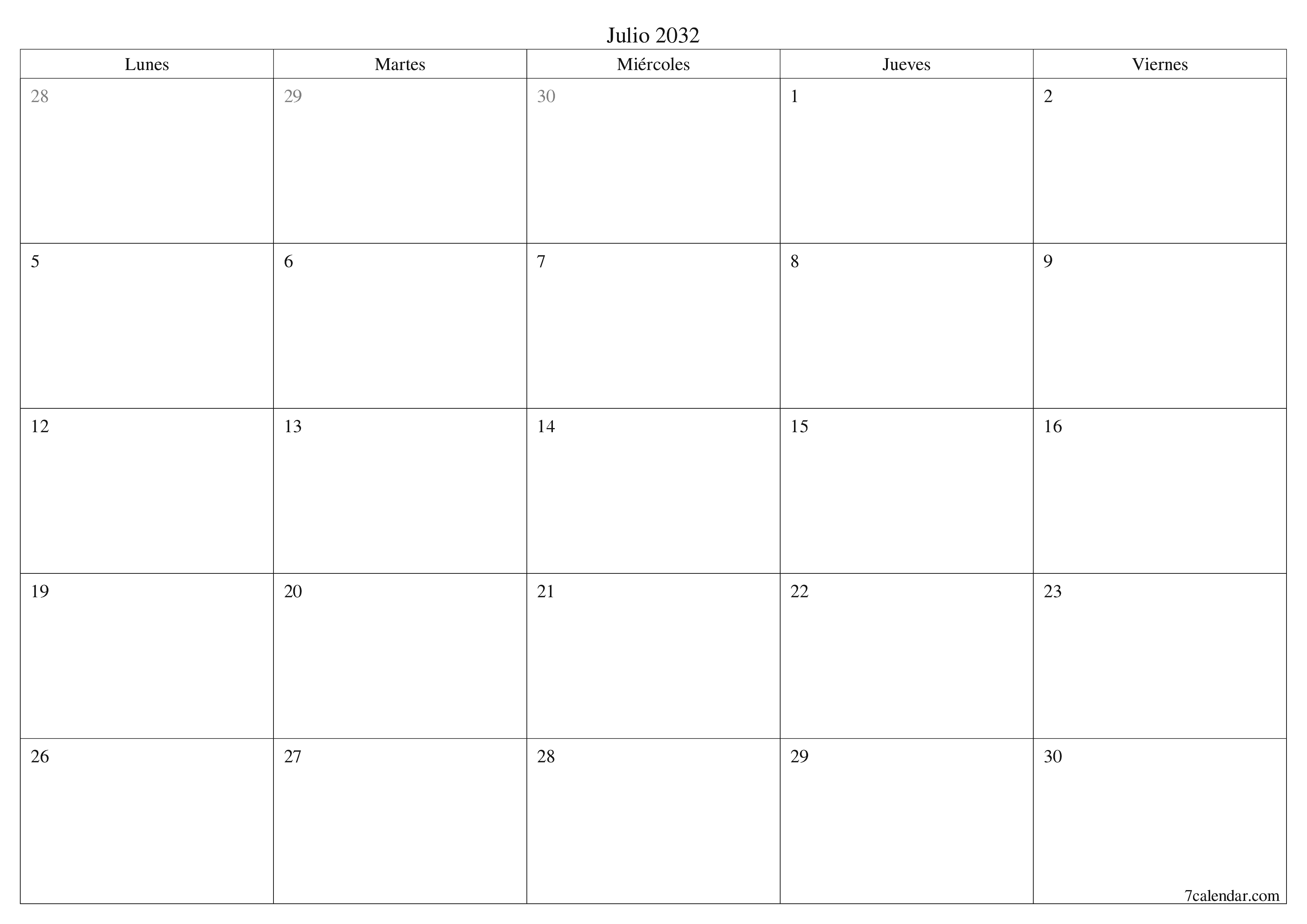 Planificador mensual vacío para el mes Julio 2032 con notas, guardar e imprimir en PDF PNG Spanish