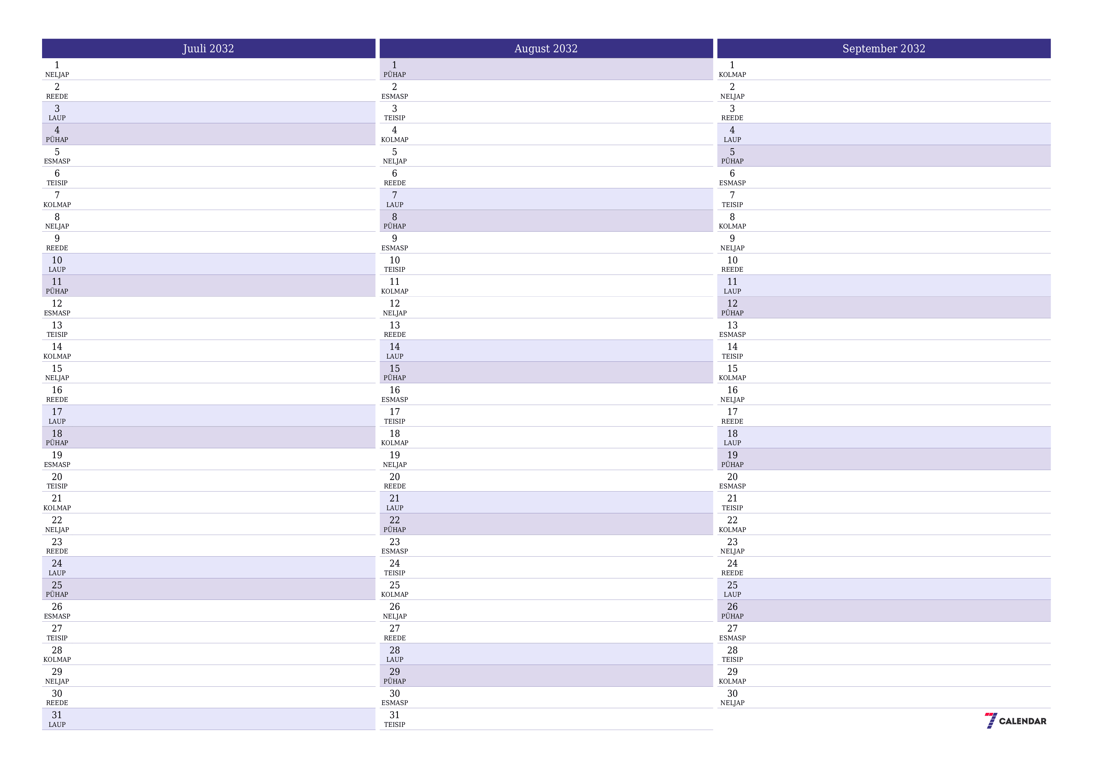 Tühjendage kuu Juuli 2032 kuuplaneerija märkmetega, salvestage ja printige PDF-i PNG Estonian