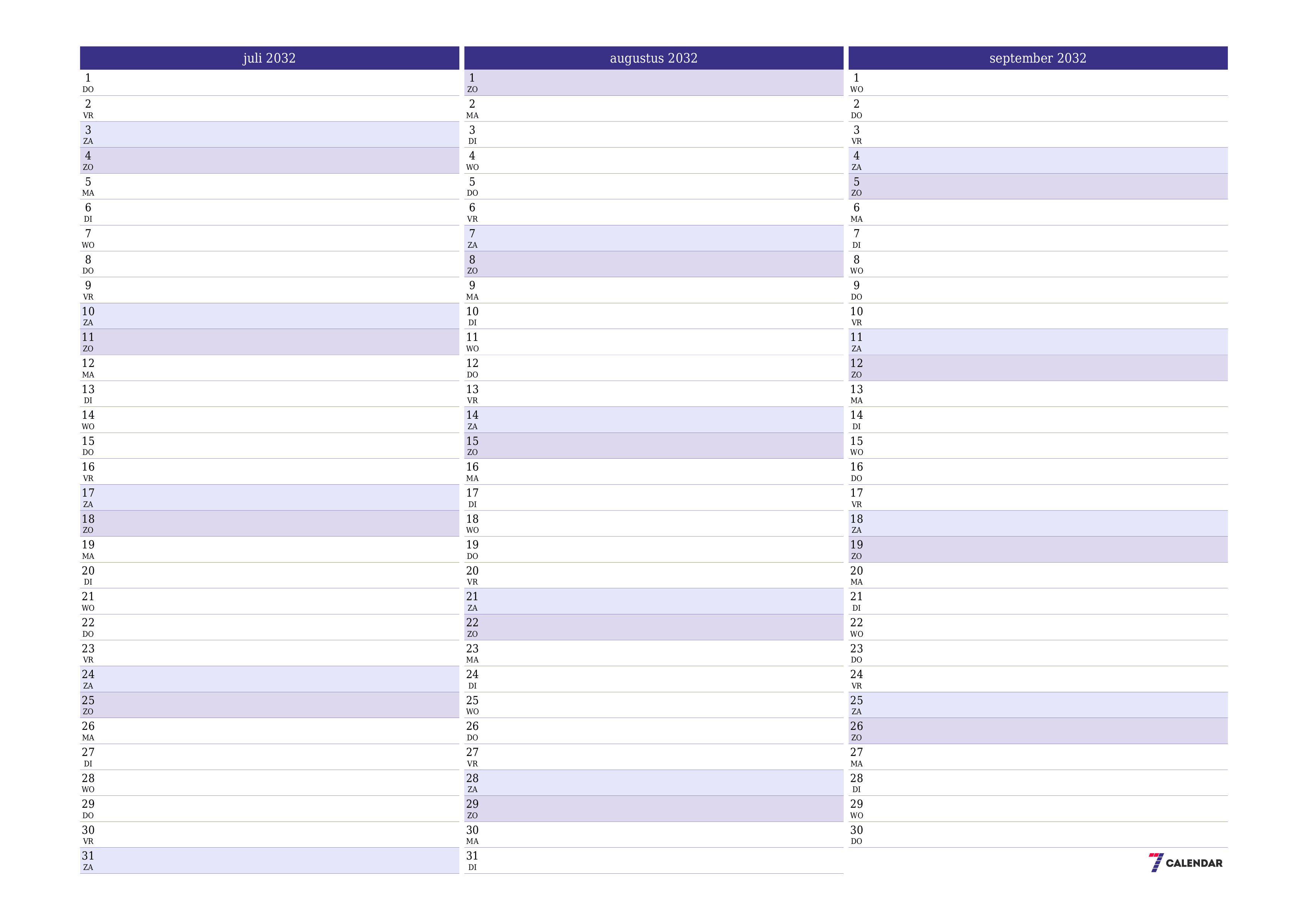 Lege maandplanner voor maand juli 2032 met notities, opslaan en afdrukken naar pdf PNG Dutch