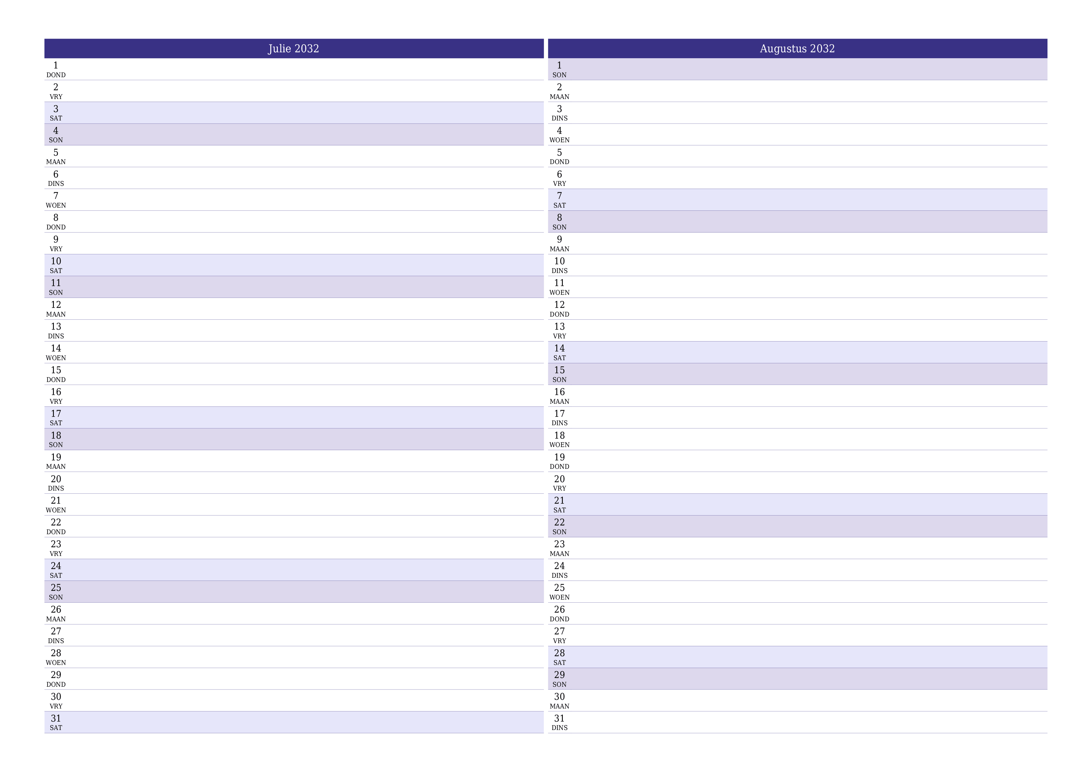 Leë maandelikse drukbare kalender en beplanner vir maand Julie 2032 met notas stoor en druk na PDF PNG Afrikaans