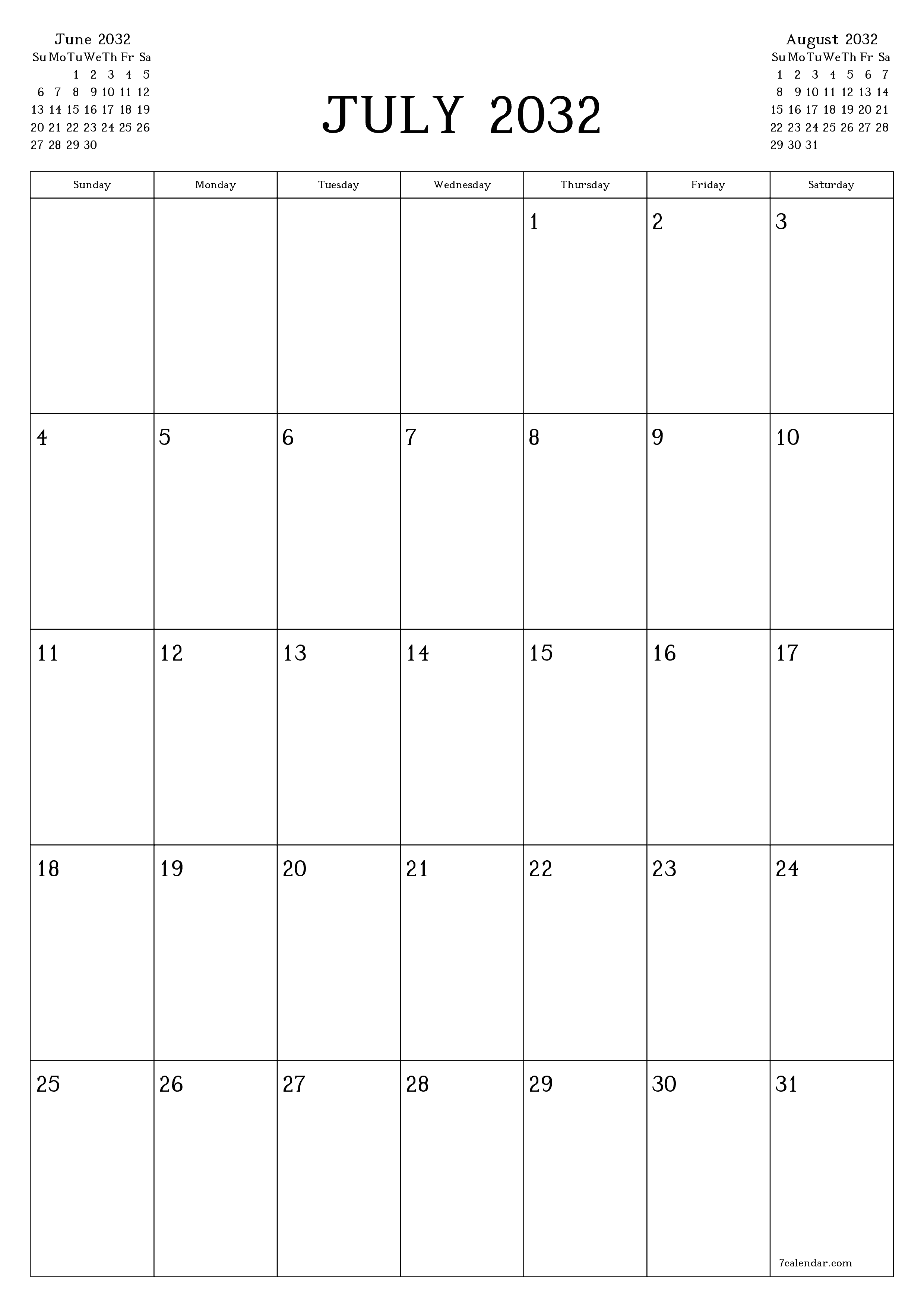 Blank calendar July 2032