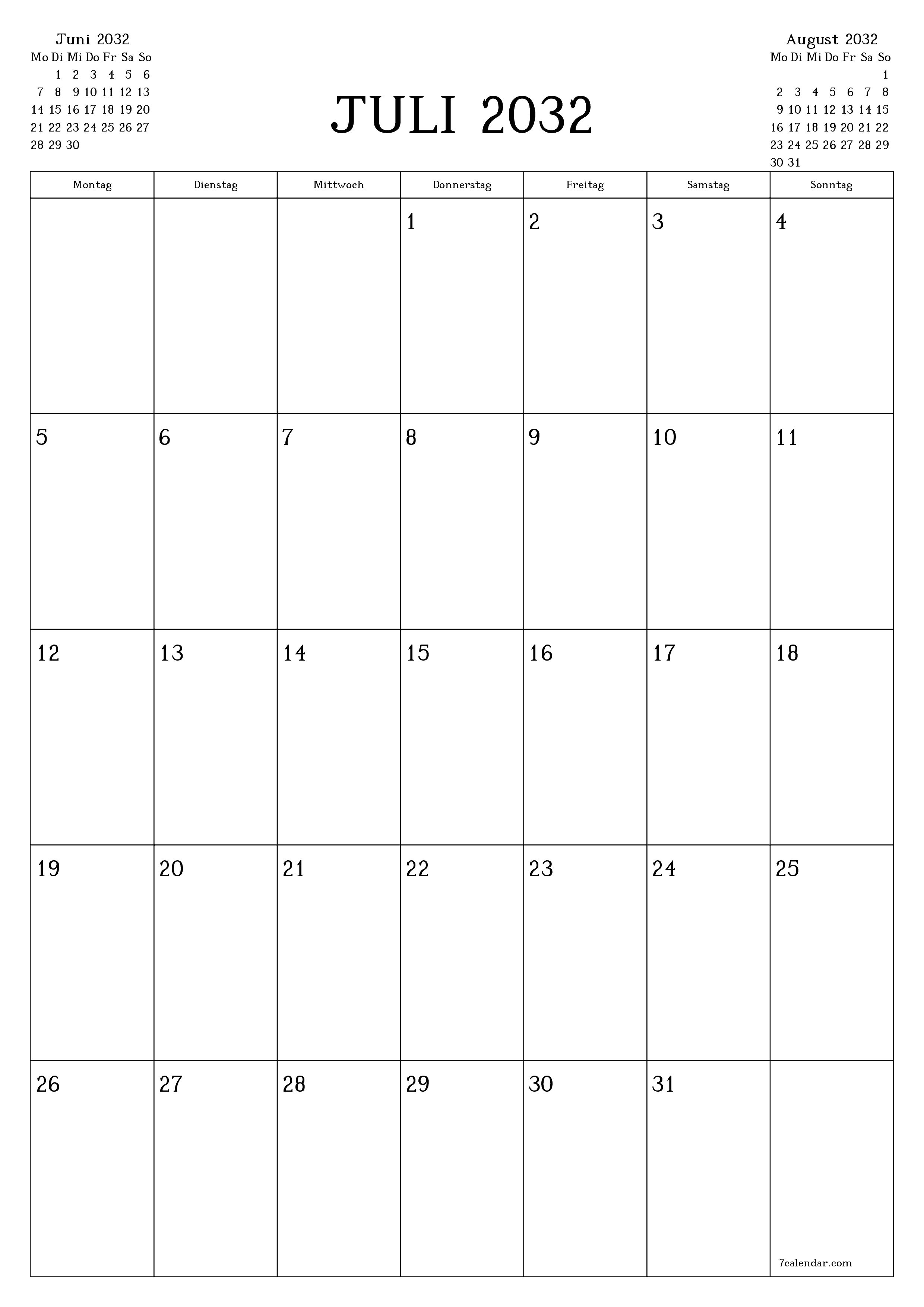  zum Ausdrucken Wandkalender vorlage kostenloser vertikal Monatlich Planer Kalender Juli (Jul) 2032