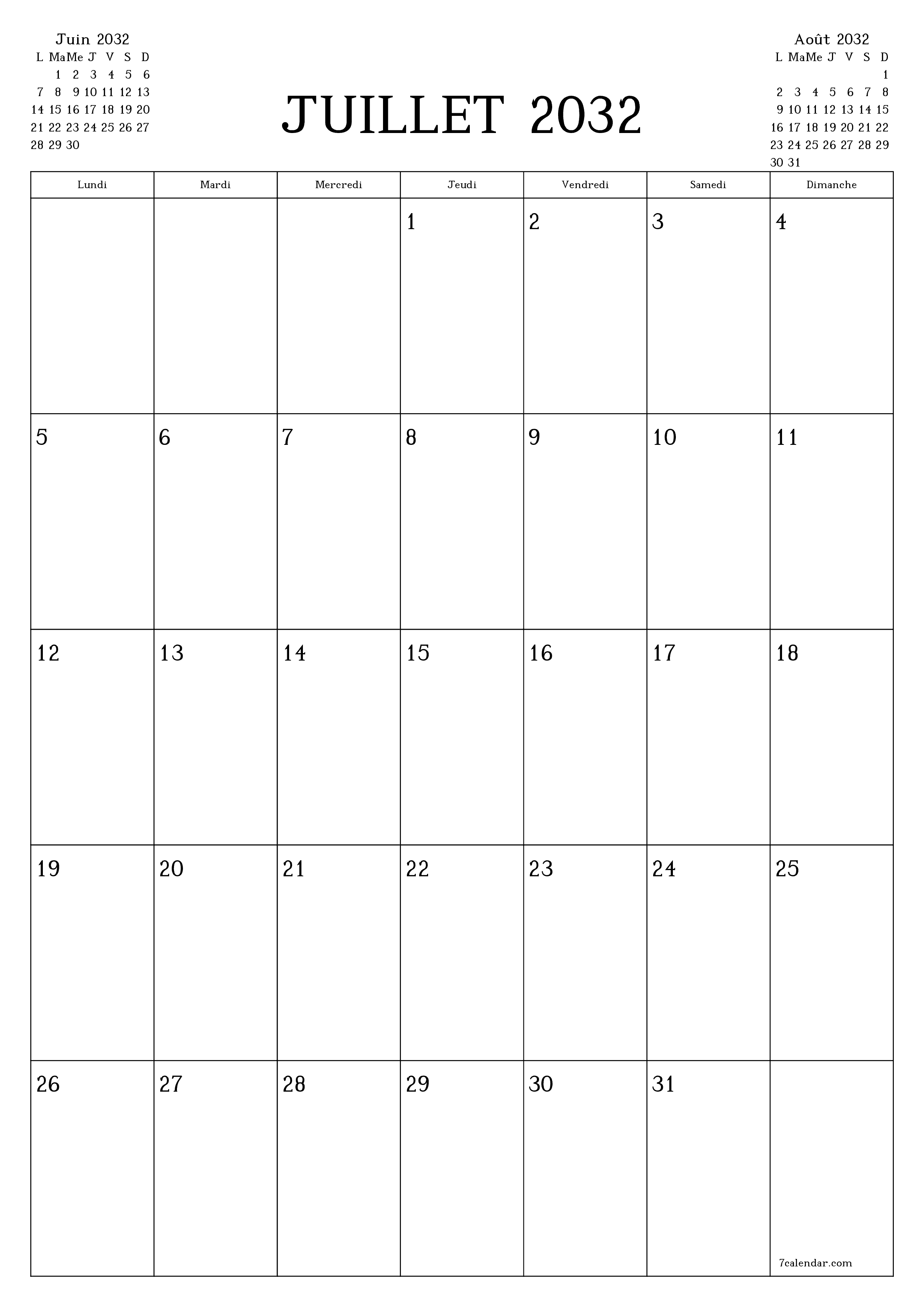  imprimable mural modèle de gratuitverticale Mensuel planificateur calendrier Juillet (Jul) 2032