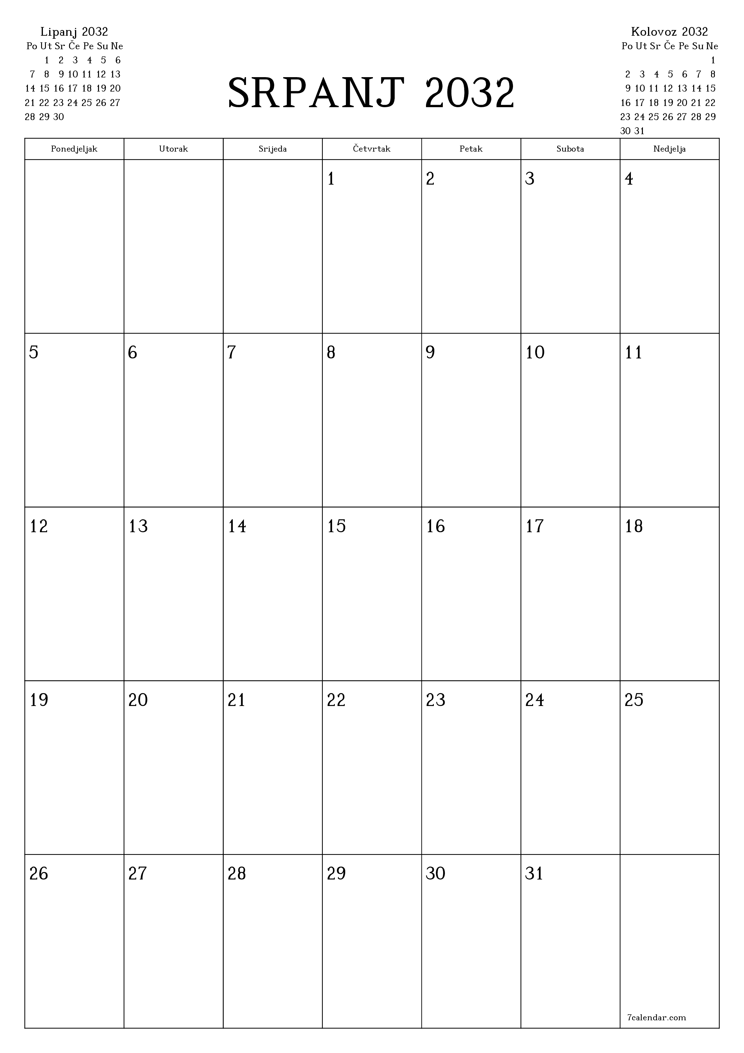  za ispis zidni predložak a besplatni okomito Mjesečni planer kalendar Srpanj (Srp) 2032