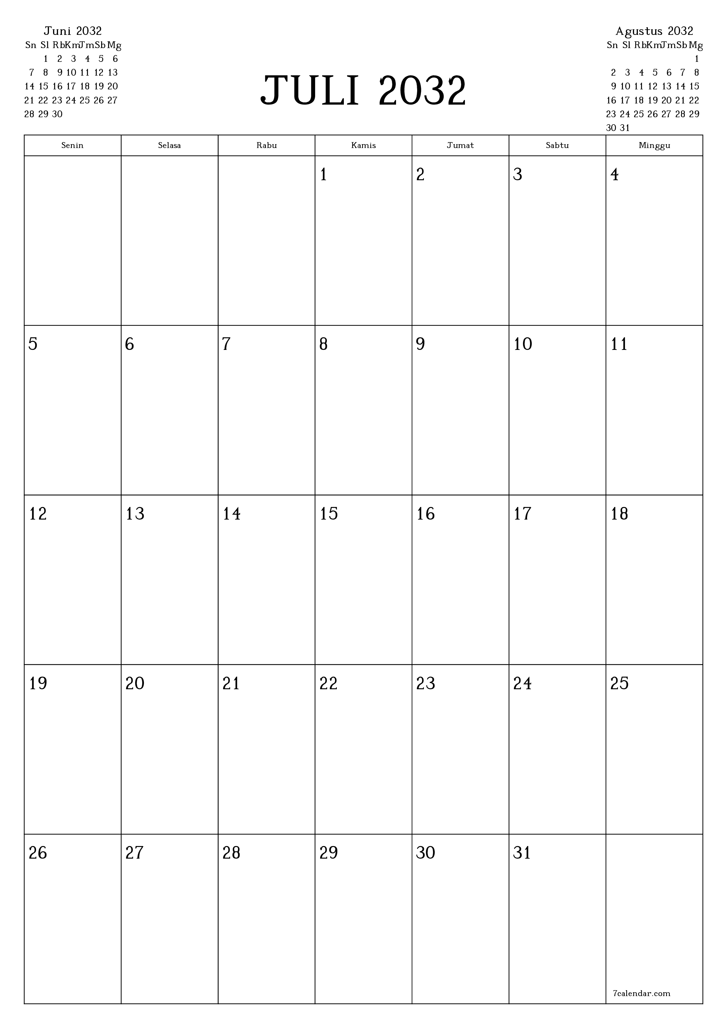  yang dapat dicetak dinding templat gratisvertikal Bulanan perencana kalender Juli (Jul) 2032