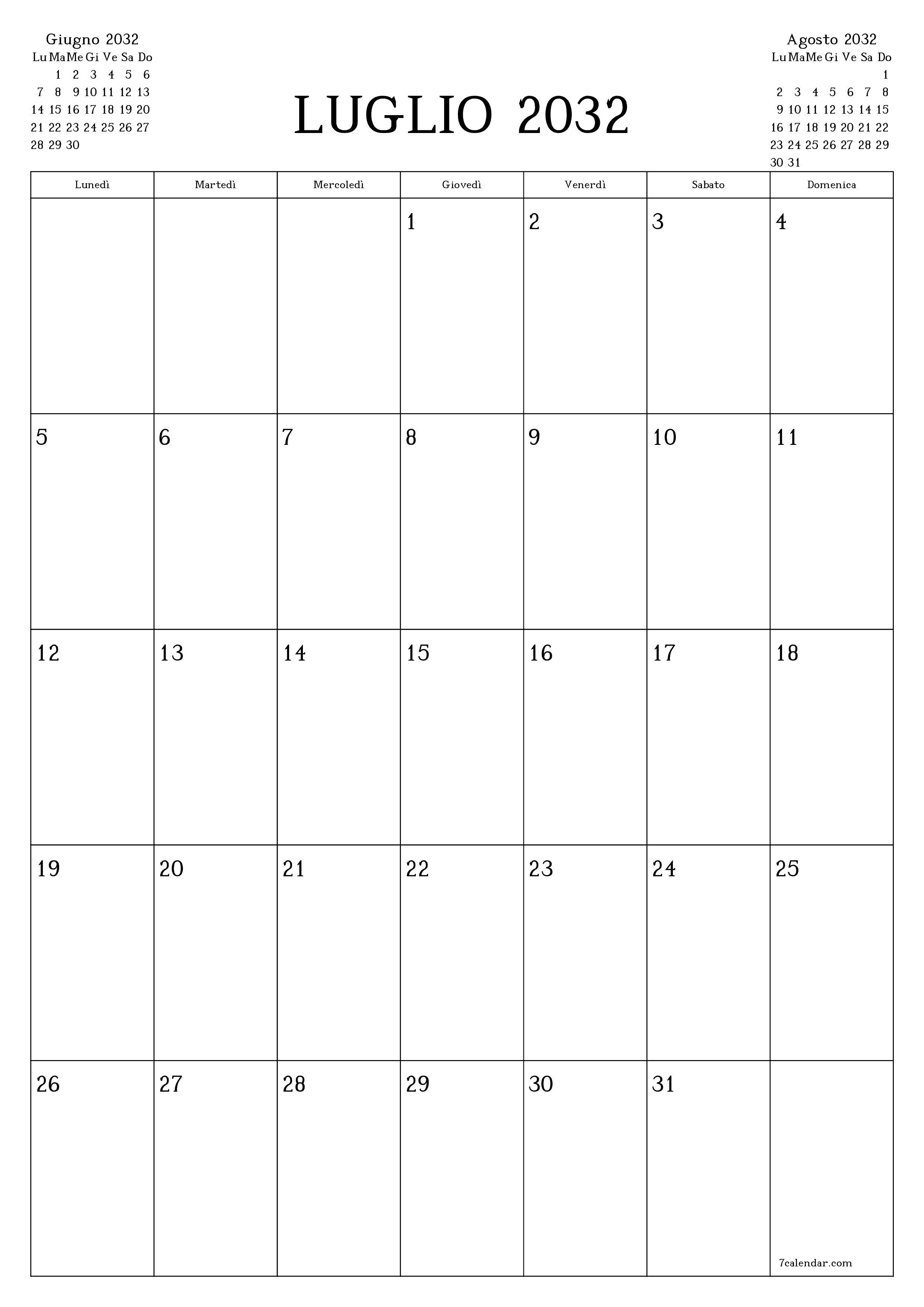  stampabile da parete modello di gratuitoverticale Mensile pianificatore calendario Luglio (Lug) 2032
