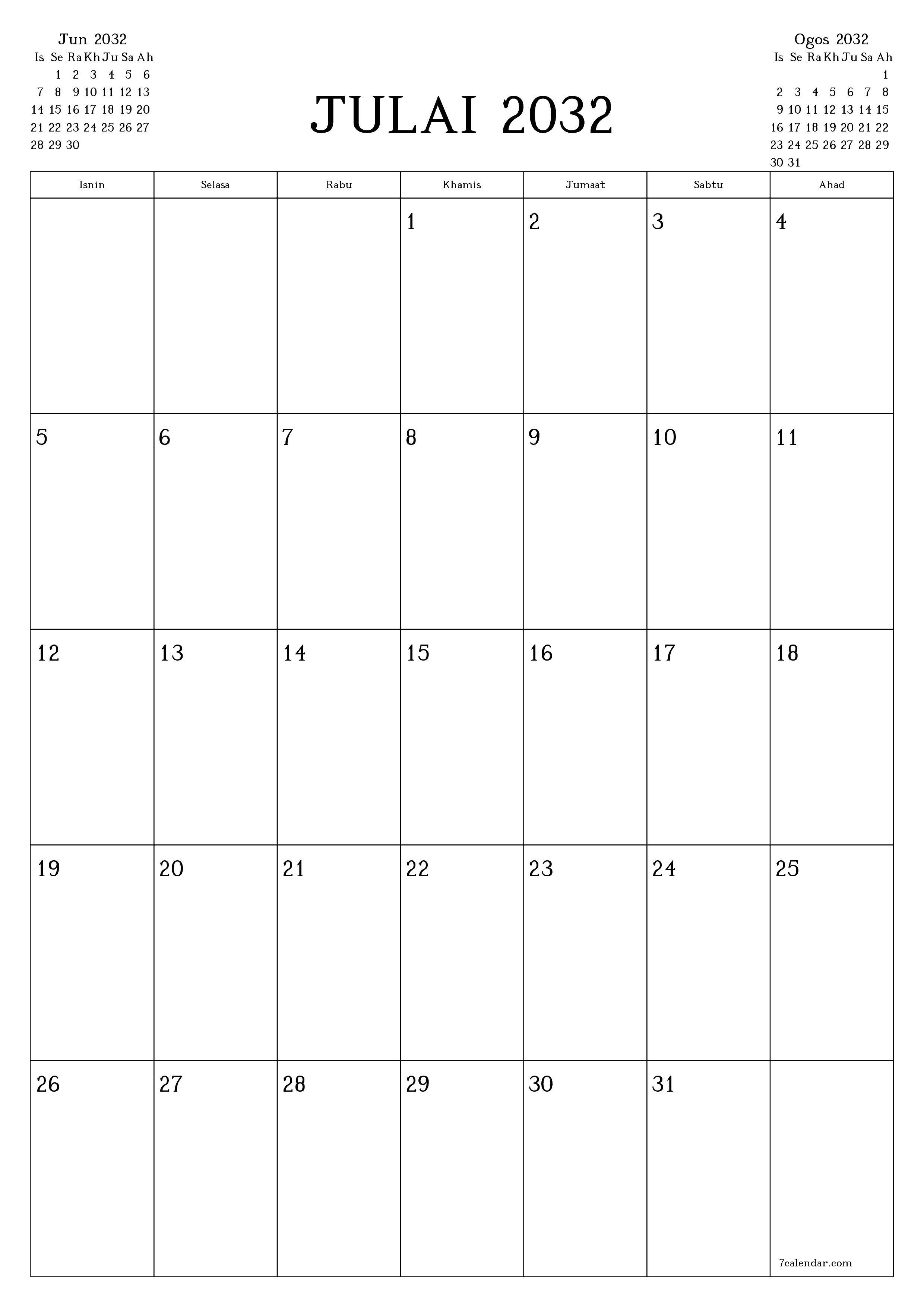  boleh cetak dinding templat percumamenegak Bulanan perancang kalendar Julai (Jul) 2032
