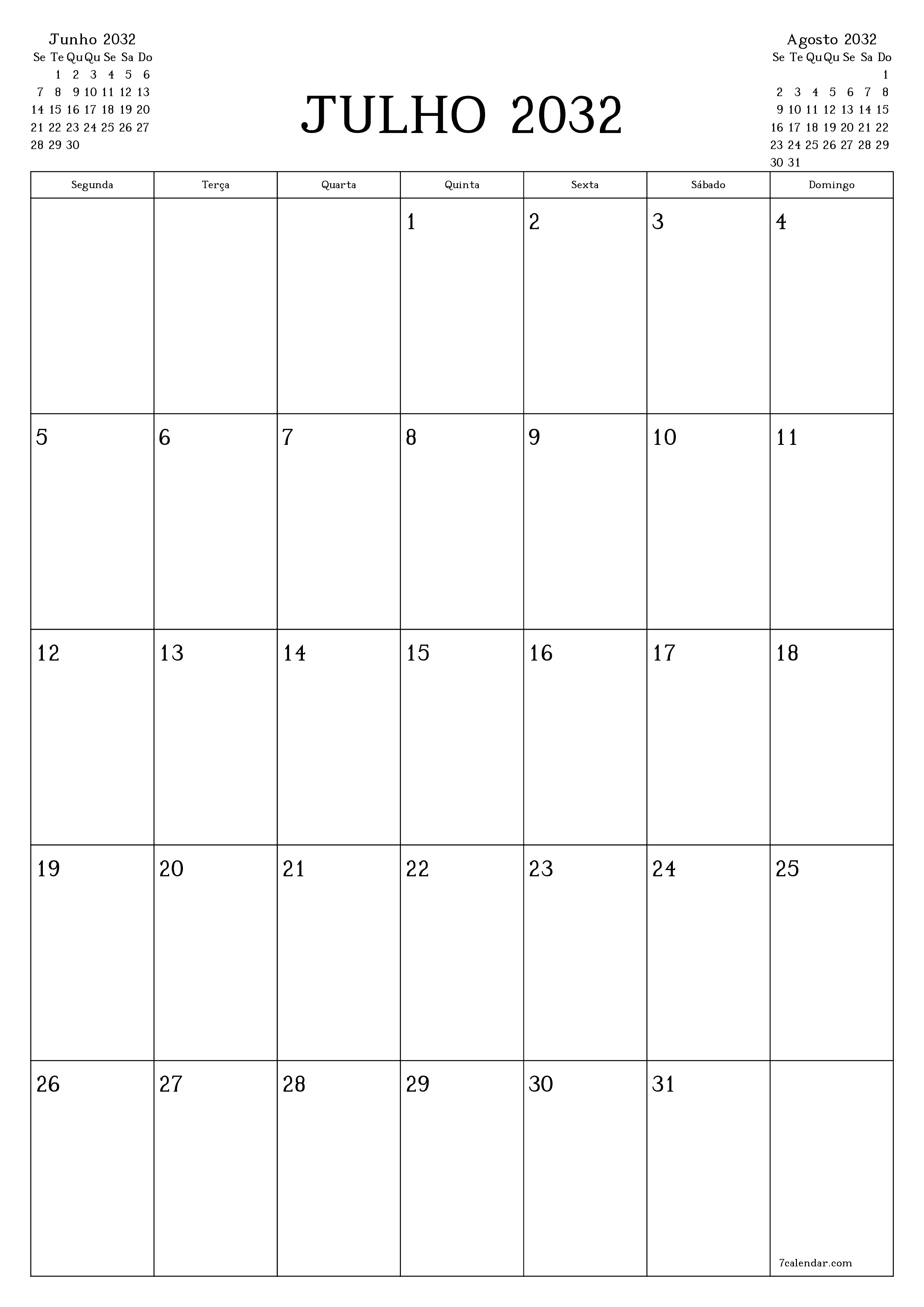  para impressão de parede modelo de grátisvertical Mensal planejador calendário Julho (Jul) 2032