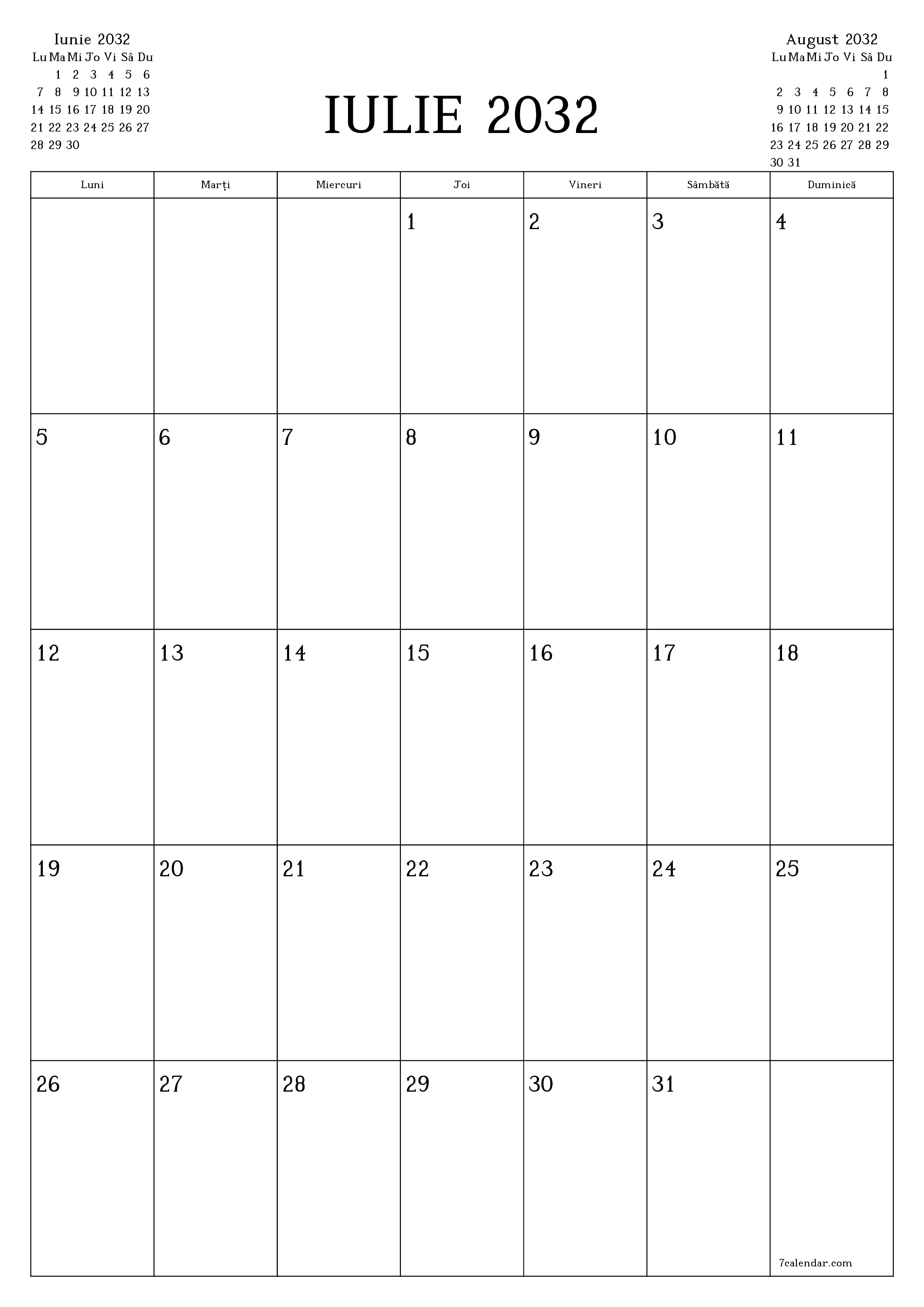  imprimabil de perete șablon de gratuitvertical Lunar planificator calendar Iulie (Iul) 2032