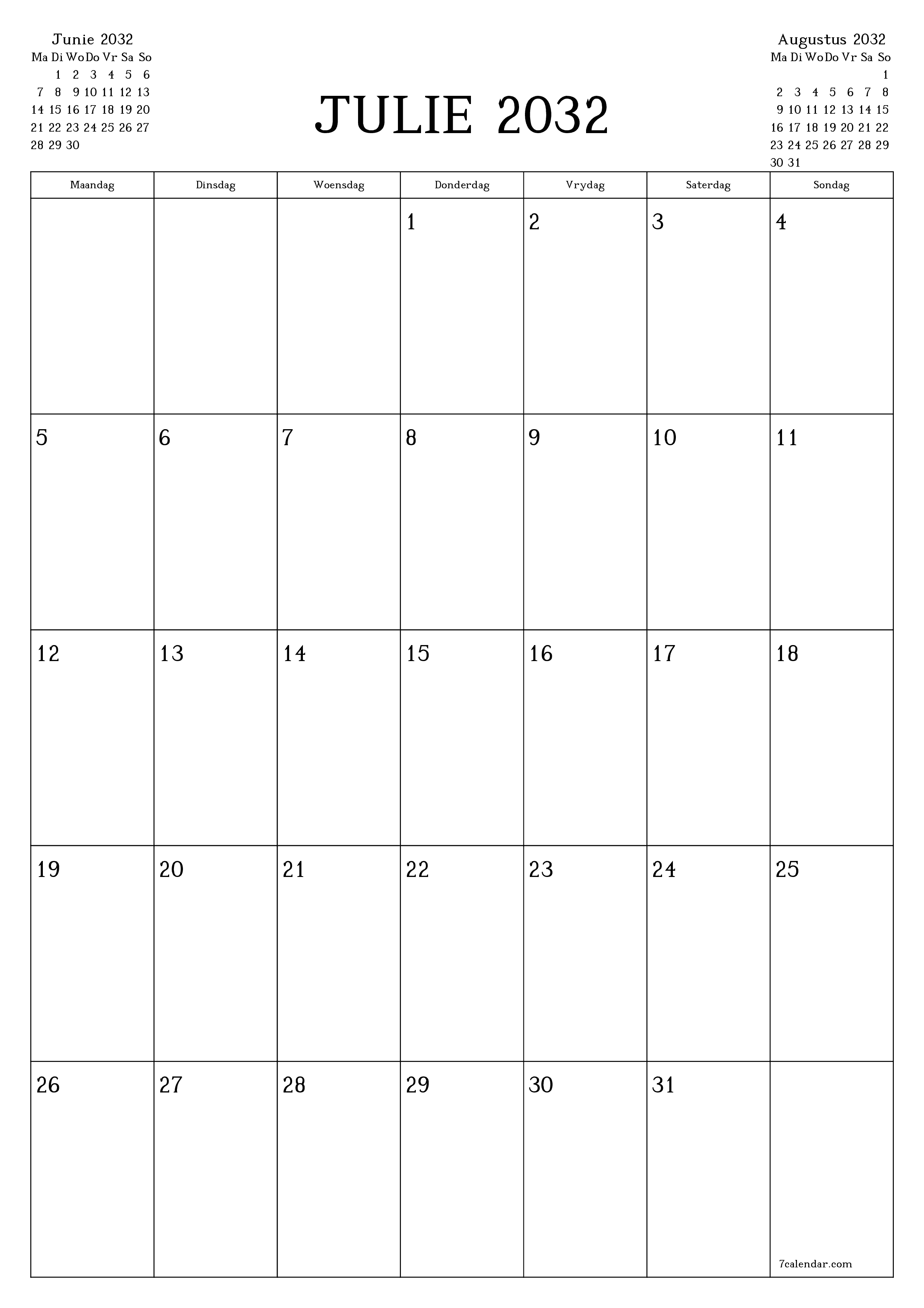 drukbare muur template gratis vertikaal Maandeliks beplanner kalender Julie (Jul) 2032