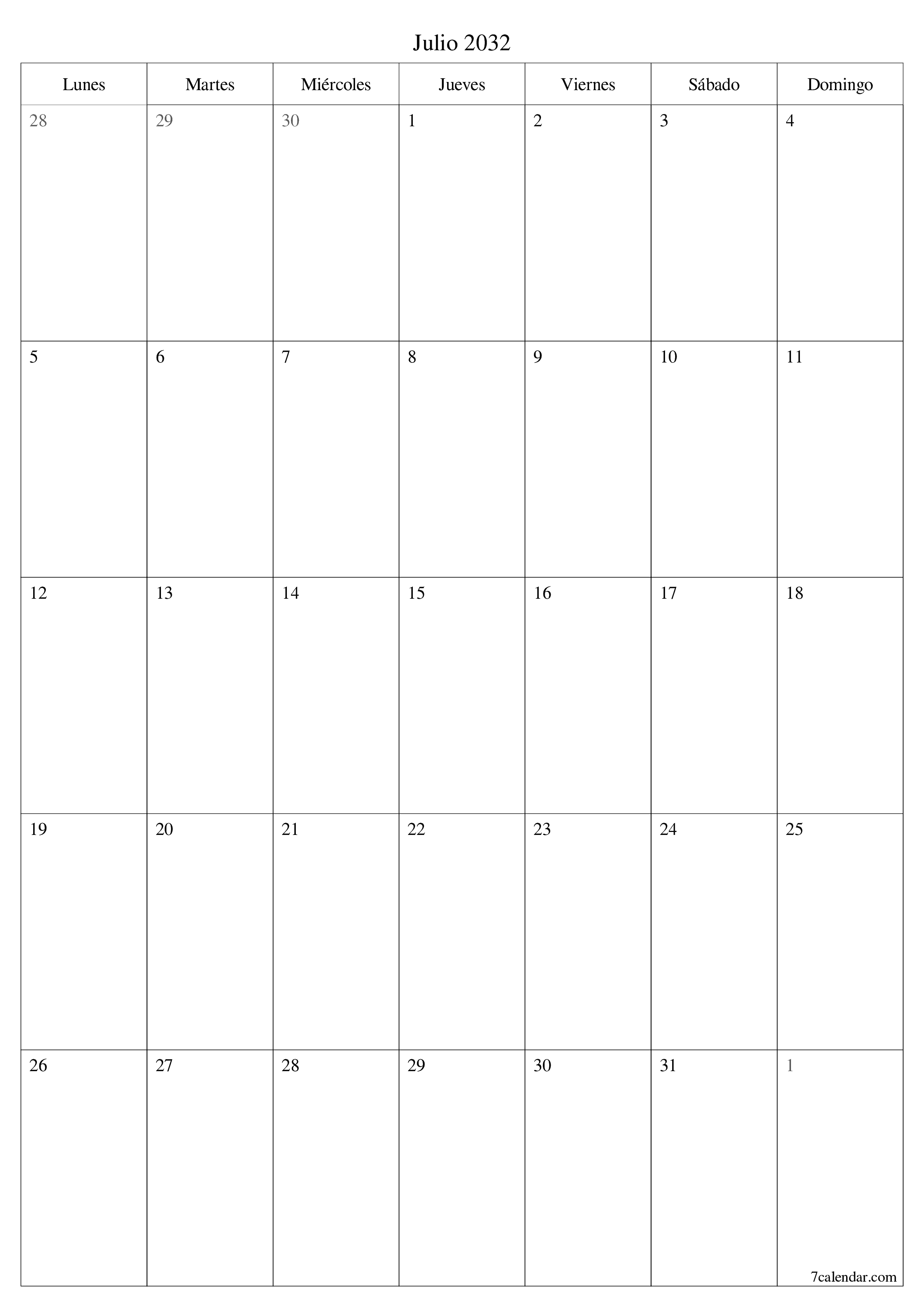  imprimible de pared plantilla de gratisvertical Mensual planificador calendario Julio (Jul) 2032
