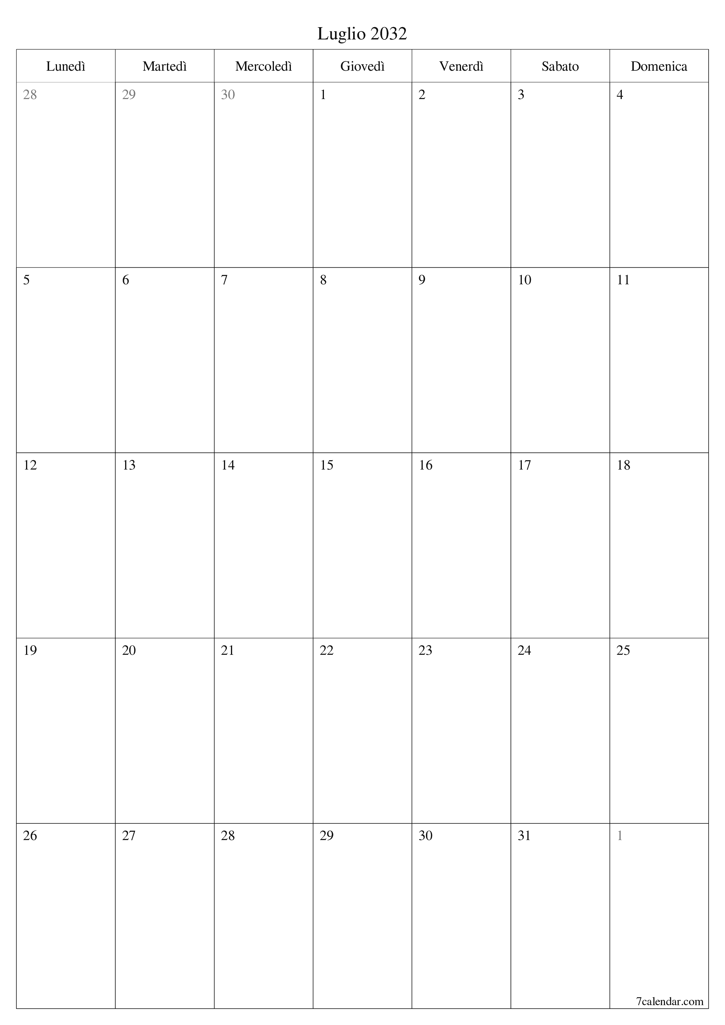  stampabile da parete modello di gratuitoverticale Mensile pianificatore calendario Luglio (Lug) 2032