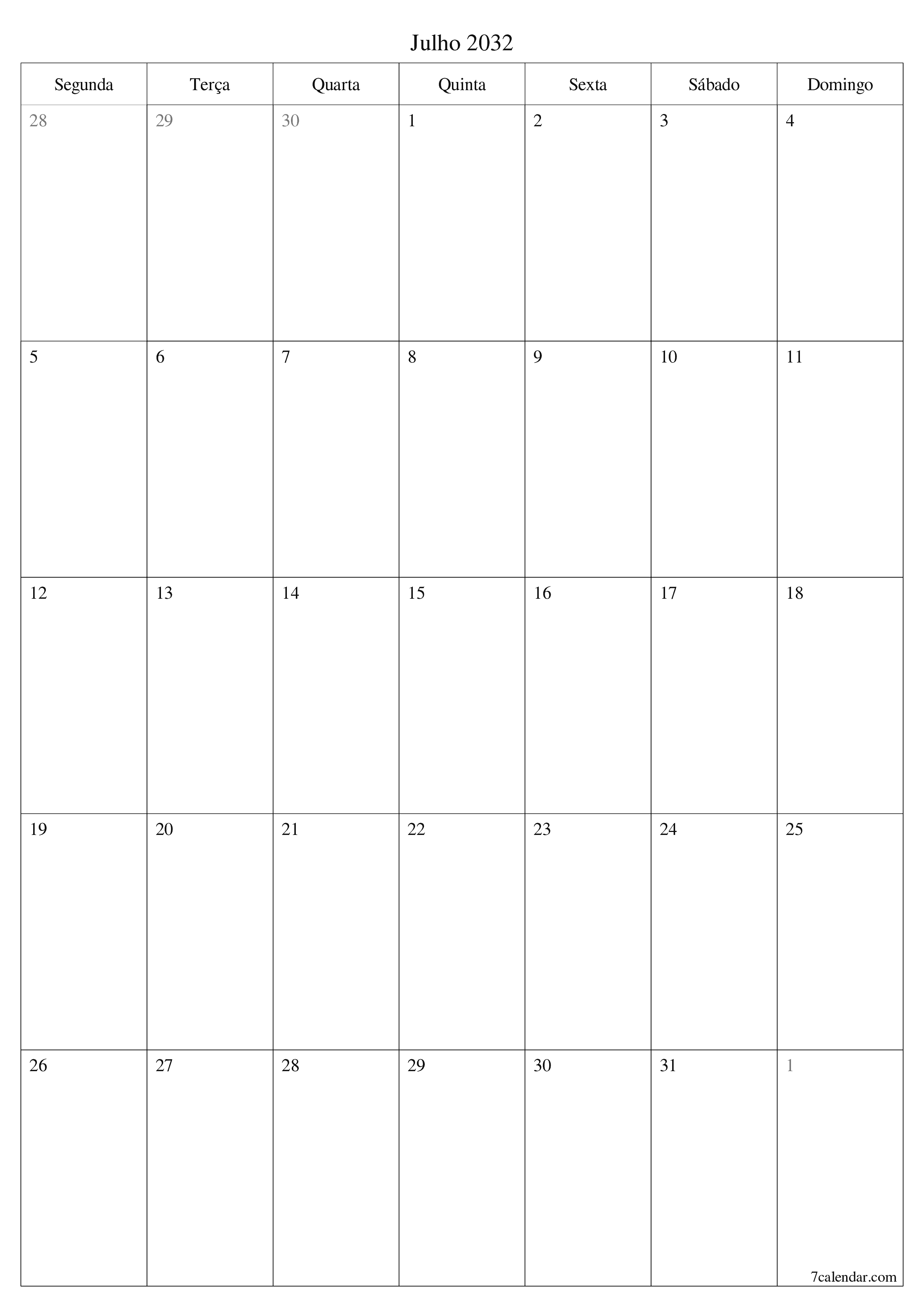  para impressão de parede modelo de grátisvertical Mensal planejador calendário Julho (Jul) 2032