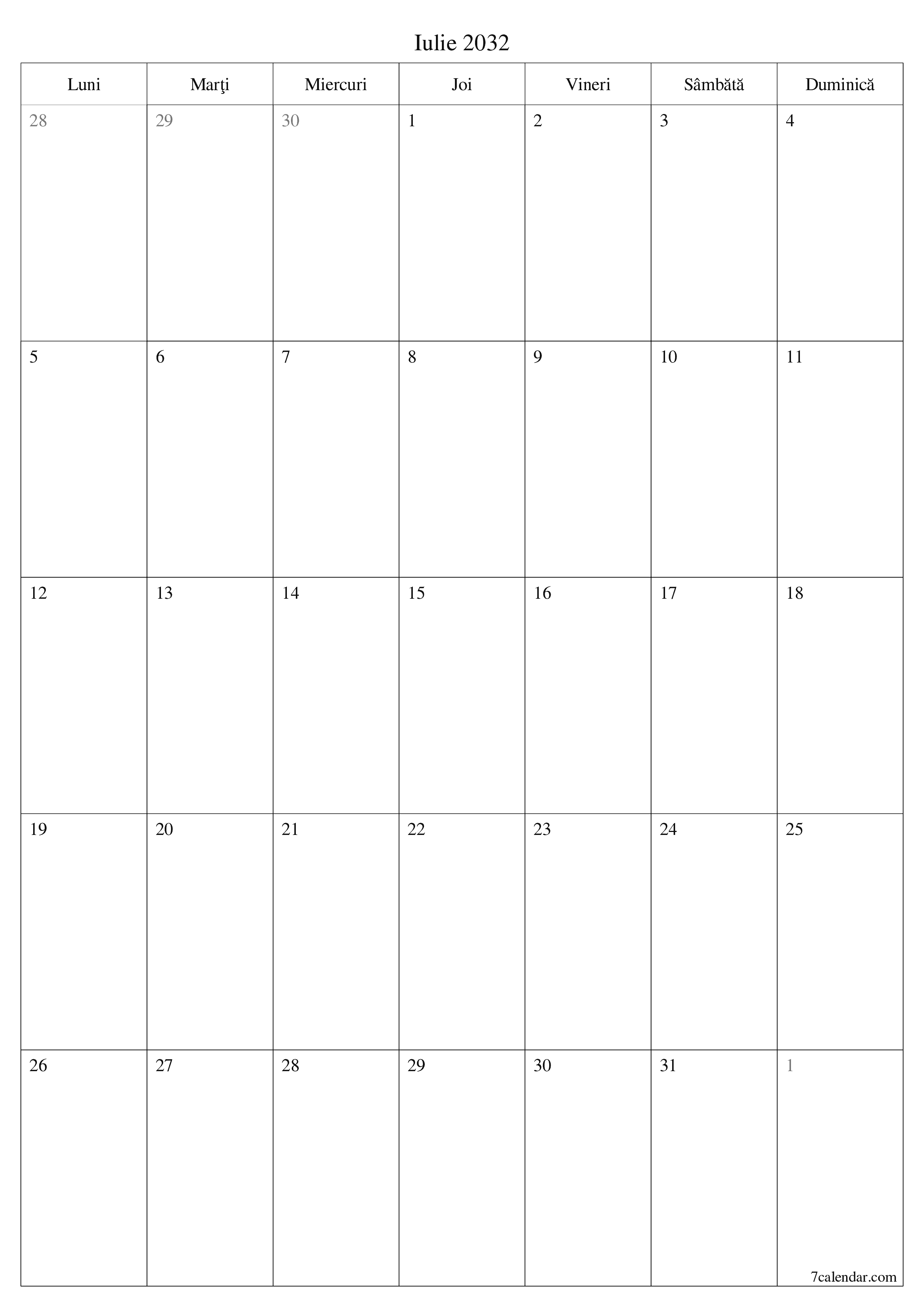  imprimabil de perete șablon de gratuitvertical Lunar planificator calendar Iulie (Iul) 2032