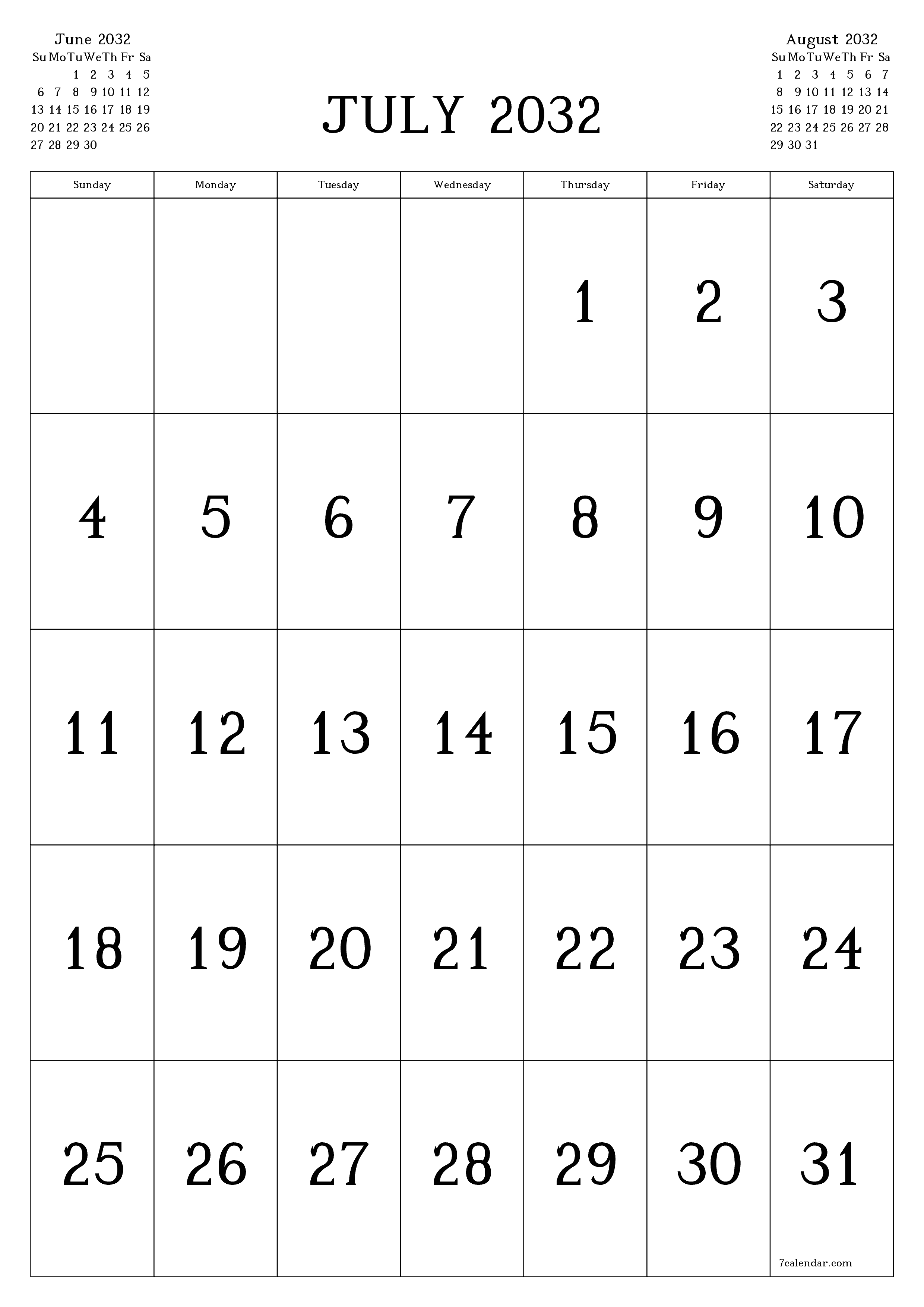 Blank calendar July 2032