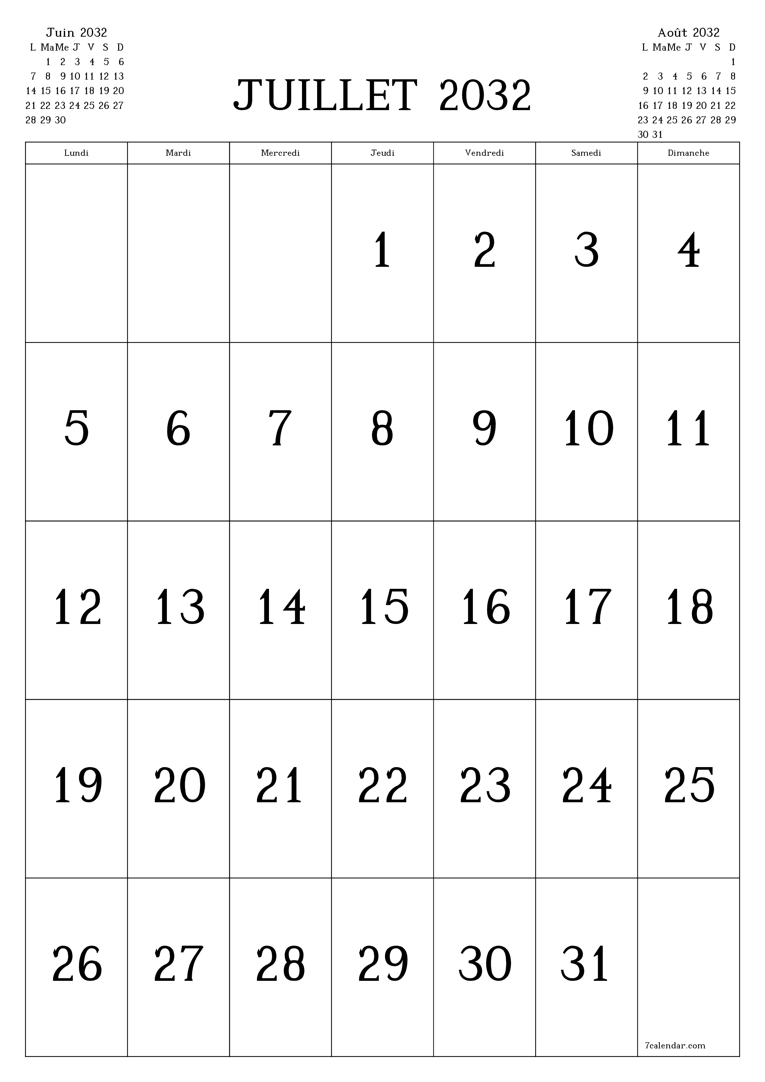  imprimable mural modèle de gratuitverticale Mensuel calendrier Juillet (Jul) 2032