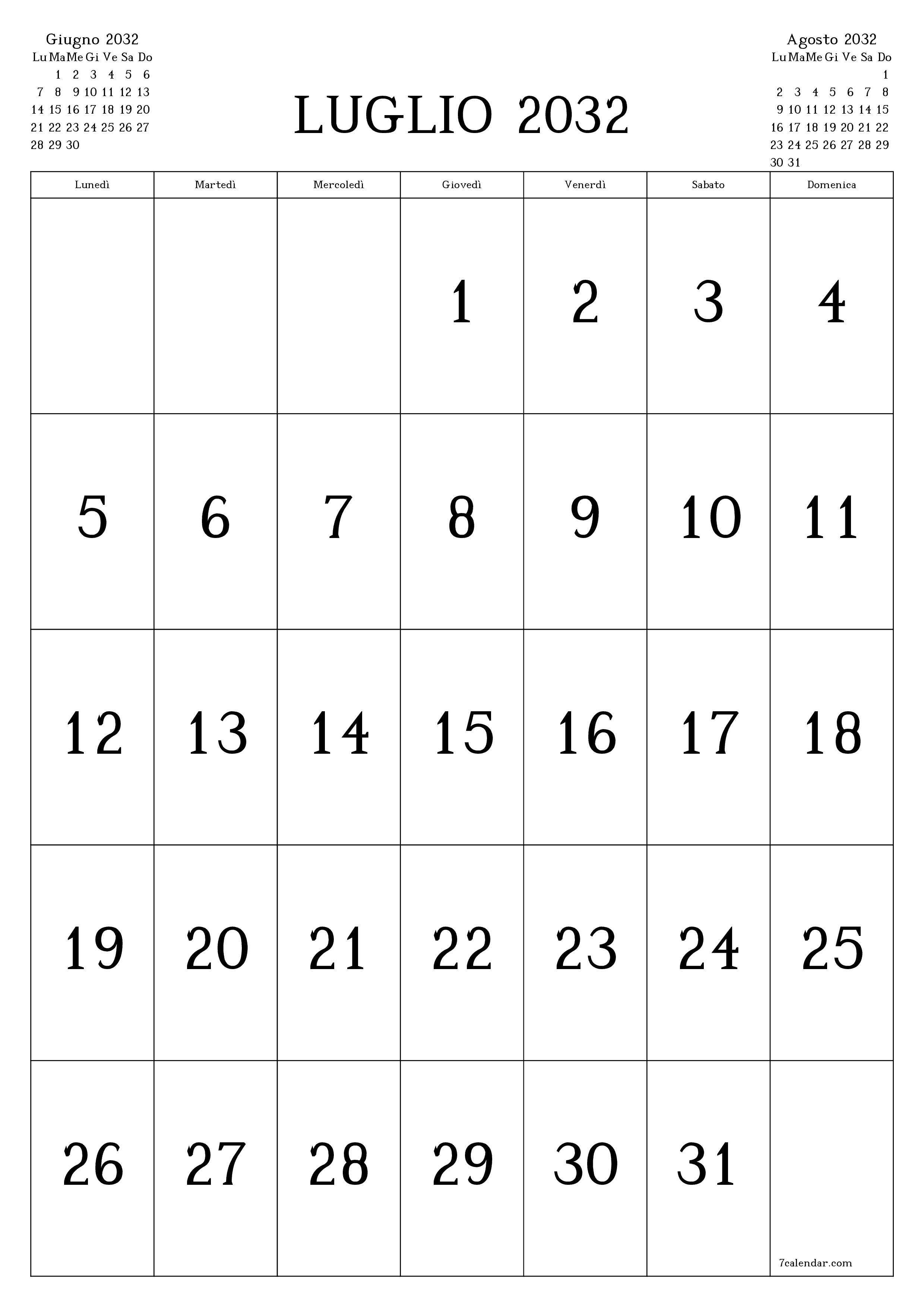  stampabile da parete modello di gratuitoverticale Mensile calendario Luglio (Lug) 2032