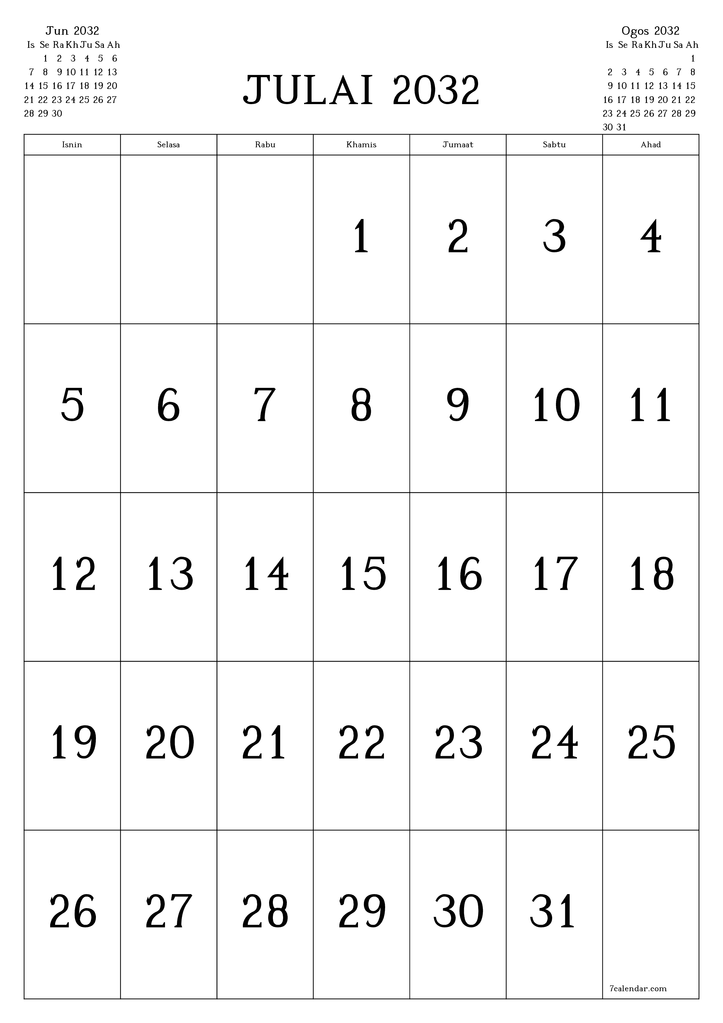  boleh cetak dinding templat percumamenegak Bulanan kalendar Julai (Jul) 2032