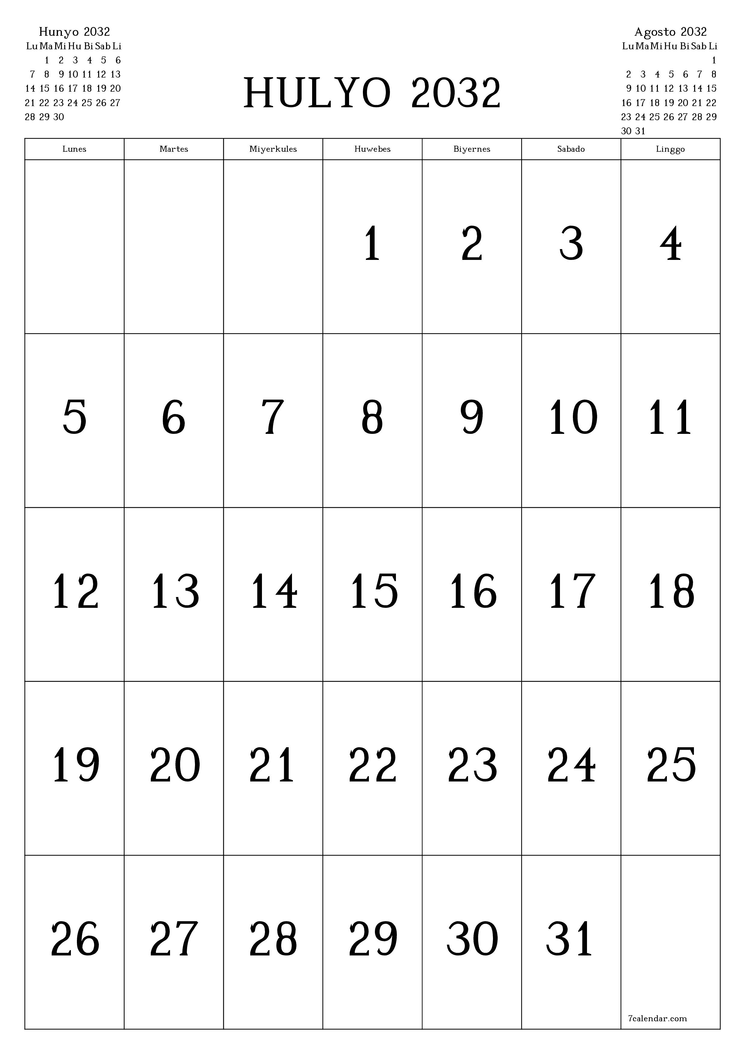 napi-print na sa dingding template ng libreng patayo Buwanang kalendaryo Hulyo (Hul) 2032