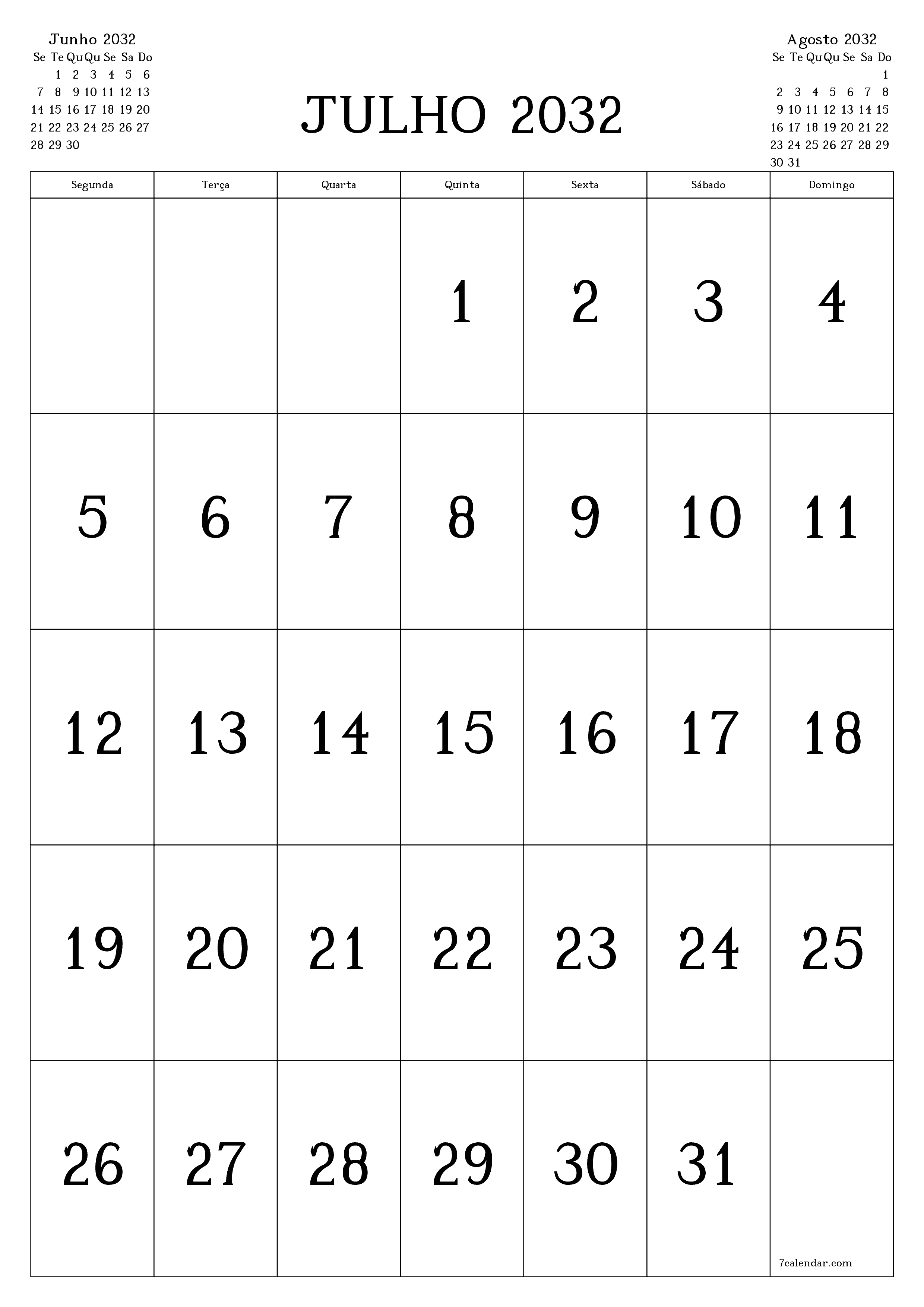  para impressão de parede modelo de grátisvertical Mensal calendário Julho (Jul) 2032