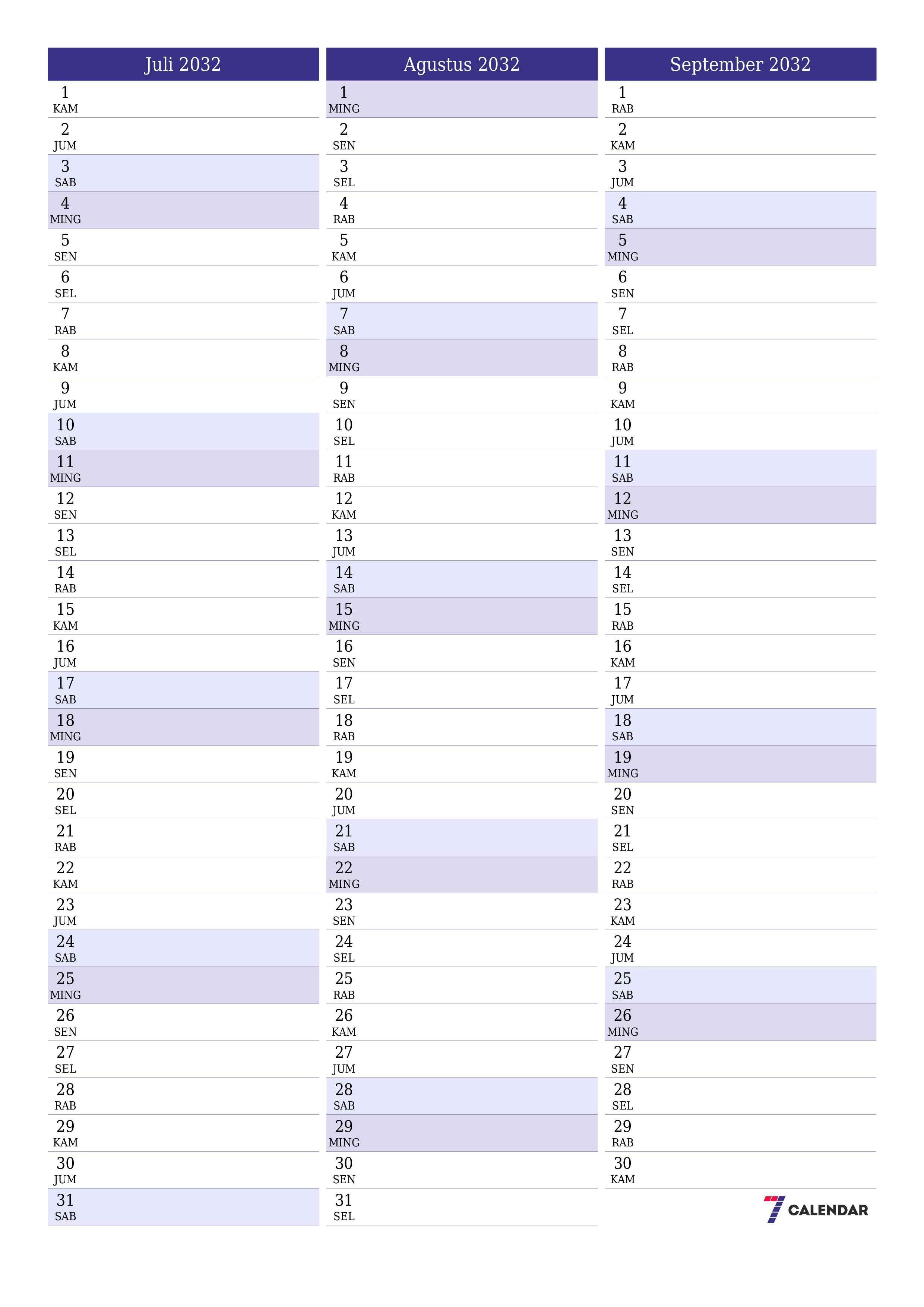  yang dapat dicetak dinding templat gratisvertikal Bulanan perencana kalender Juli (Jul) 2032