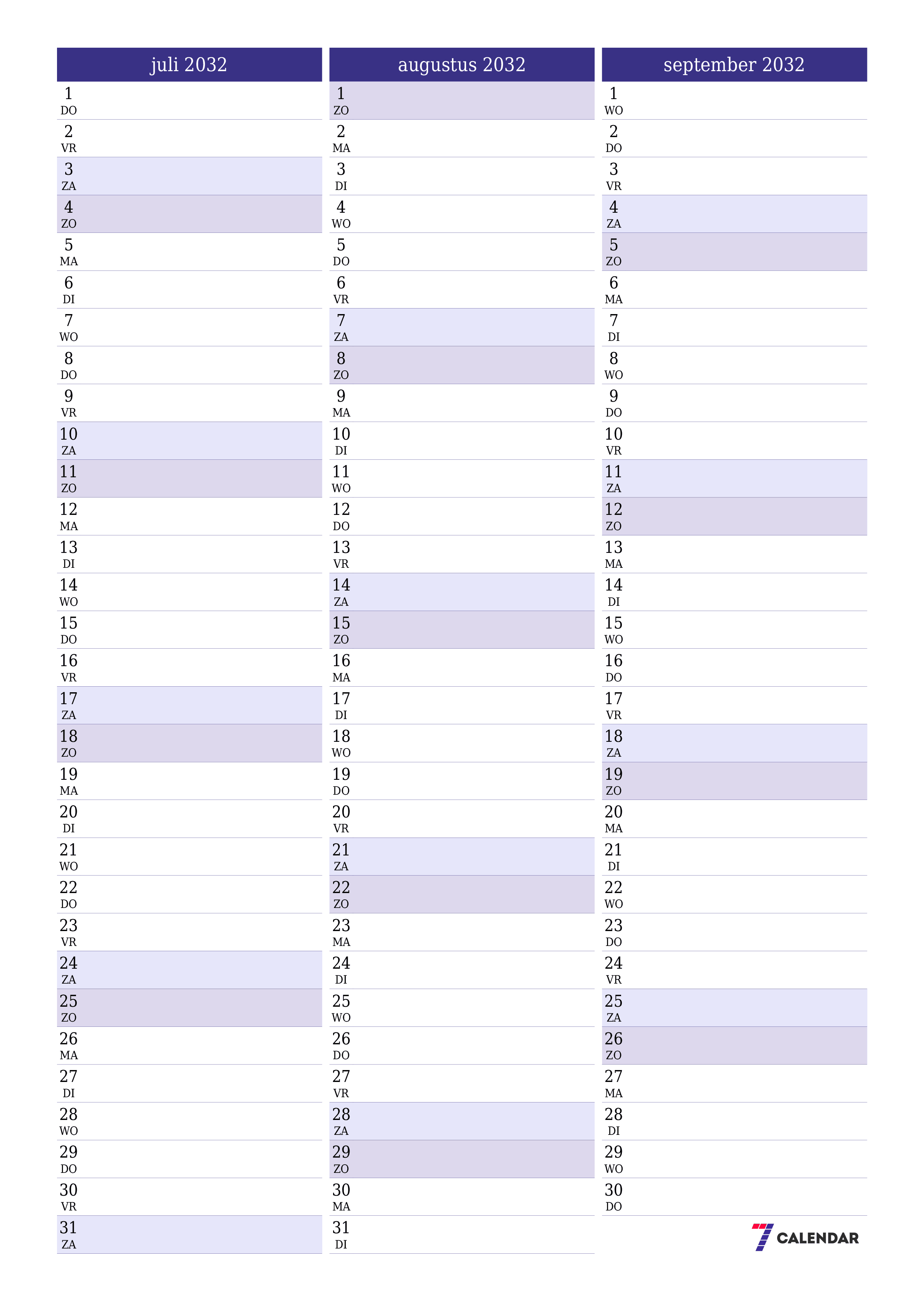 afdrukbare muur sjabloon gratis verticaal Maandelijks planner kalender juli (jul) 2032