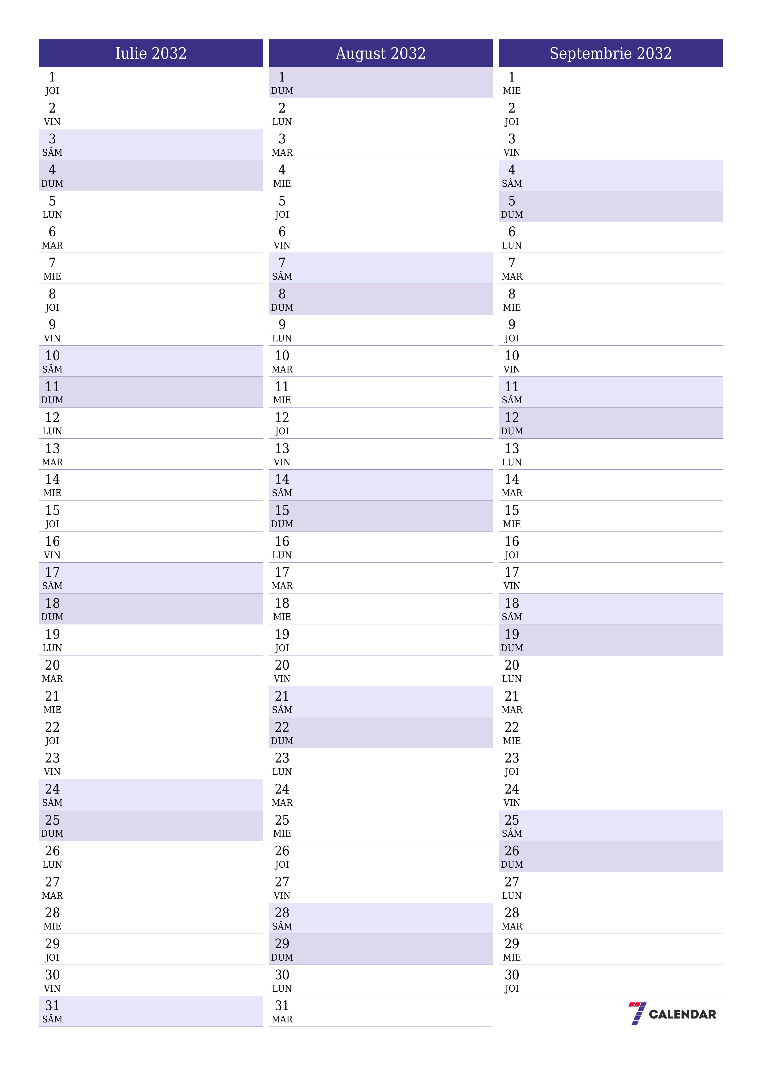  imprimabil de perete șablon de gratuitvertical Lunar planificator calendar Iulie (Iul) 2032
